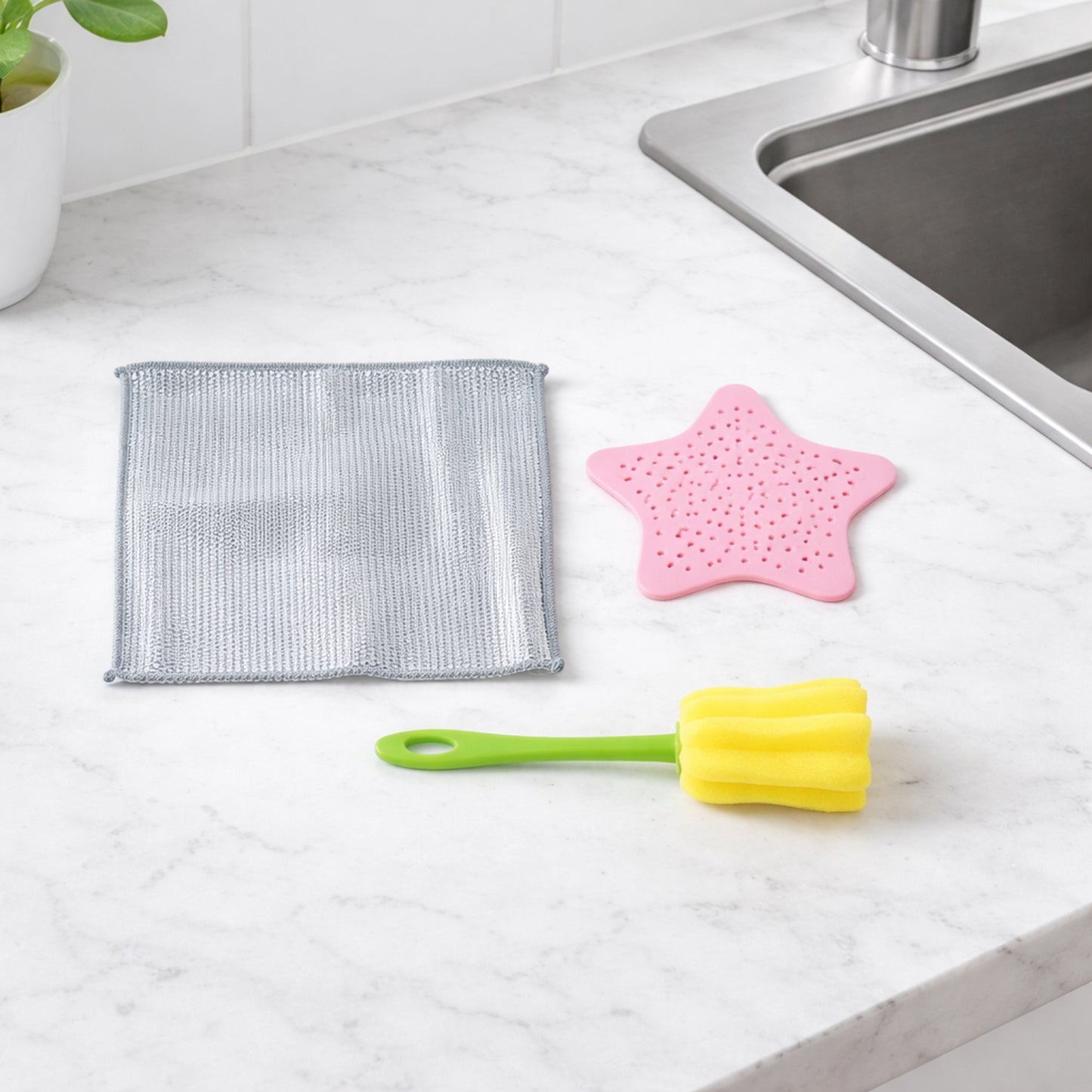 3-Piece Kitchen Cleaning Tool Set with Scrubber, Strainer & Bottle Brush - Happy Price - Image 2