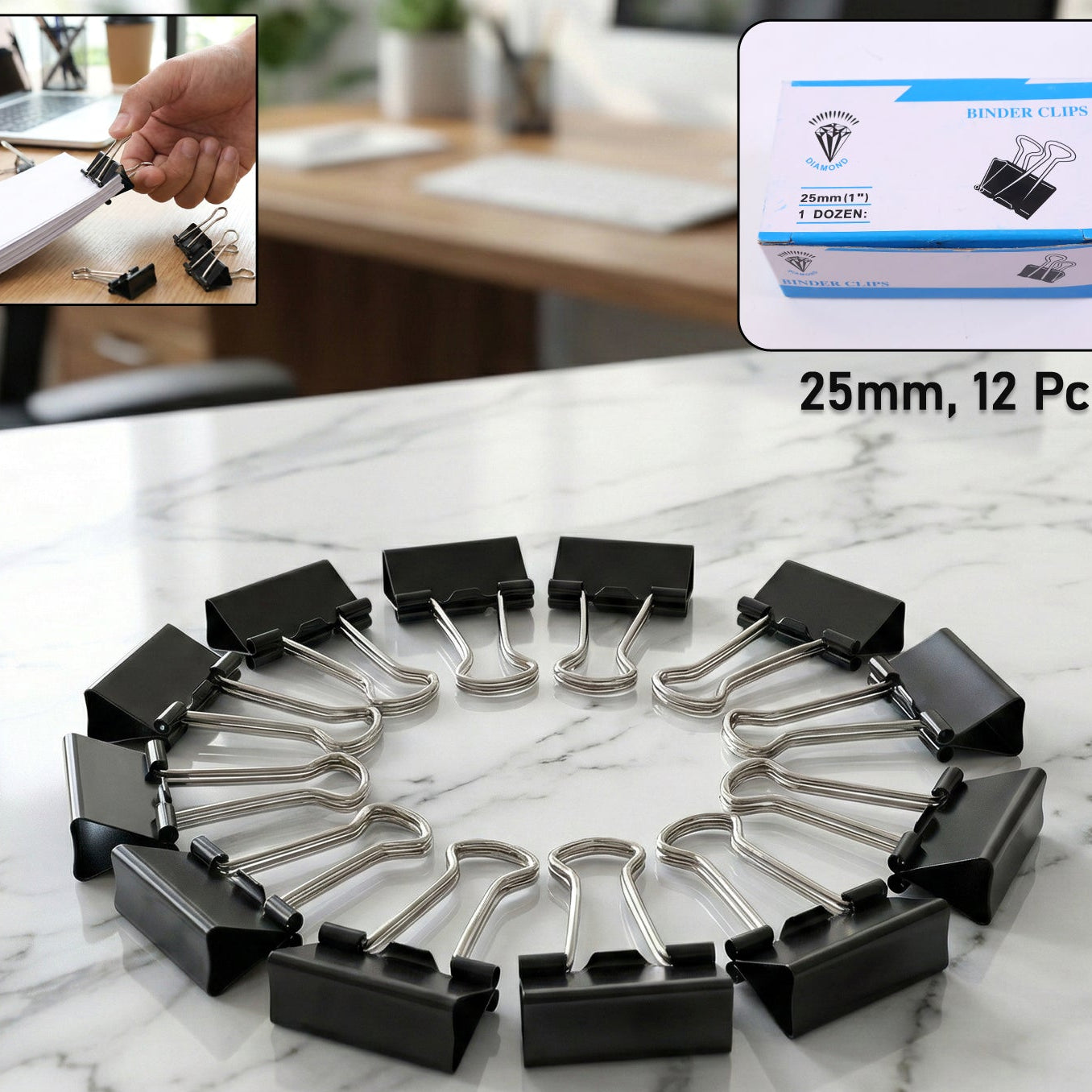 Heavy Duty Black Metal Binder Clips - 25 MM, 12 Pieces Set for Office & Home - Happy Price - Image 1