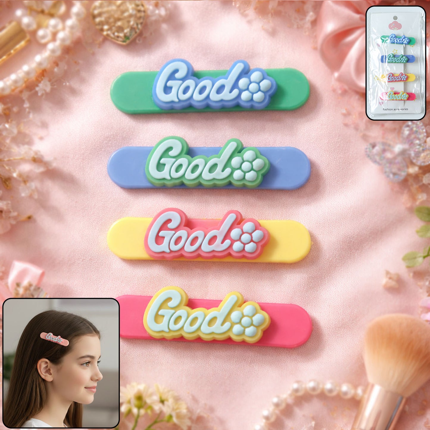 Colorful "Good" Design Hair Clips (4 Pc) - Happy Price - Image 2