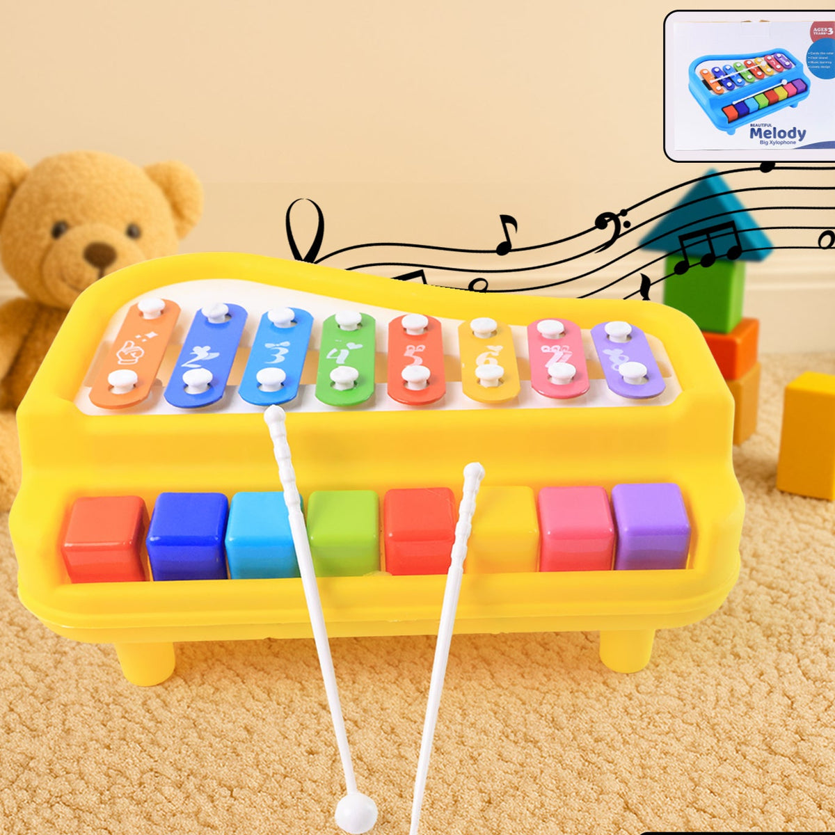 2-in-1 Baby Piano Xylophone Musical Toy with Mallets (1 Pc) - Happy Price - Image 1