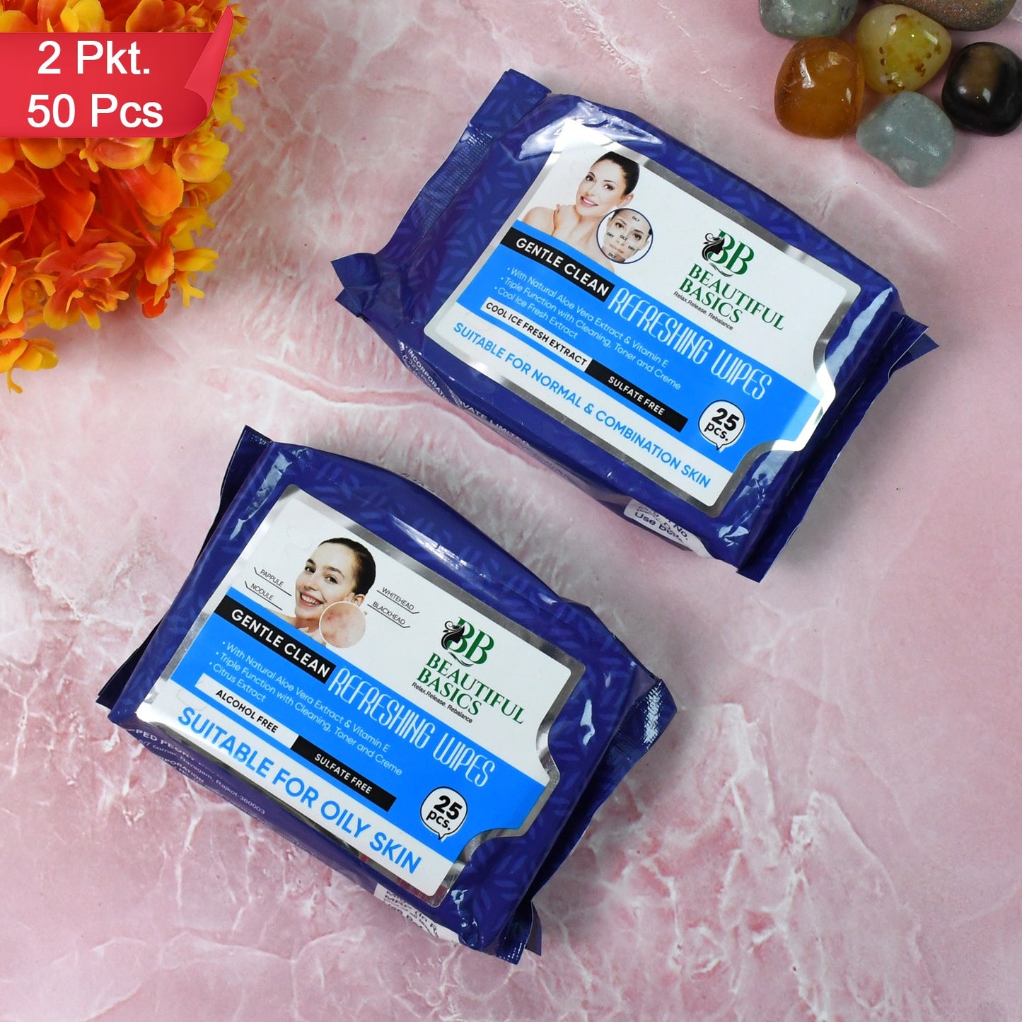 Beautiful Basics Normal Oily Skin Face Wipes (2 Pkts X 50 Pcs Wipes) - Happy Price - Image 2