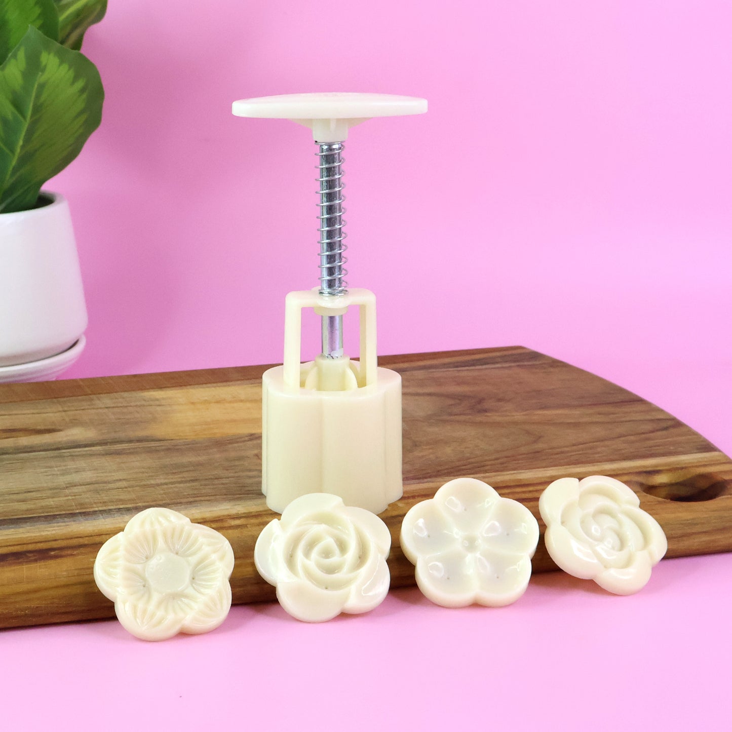 Mooncake Press Mold Set with 4 Floral Pattern Stamps - Food-Grade Plastic Baking Tool - Happy Price - Image 3