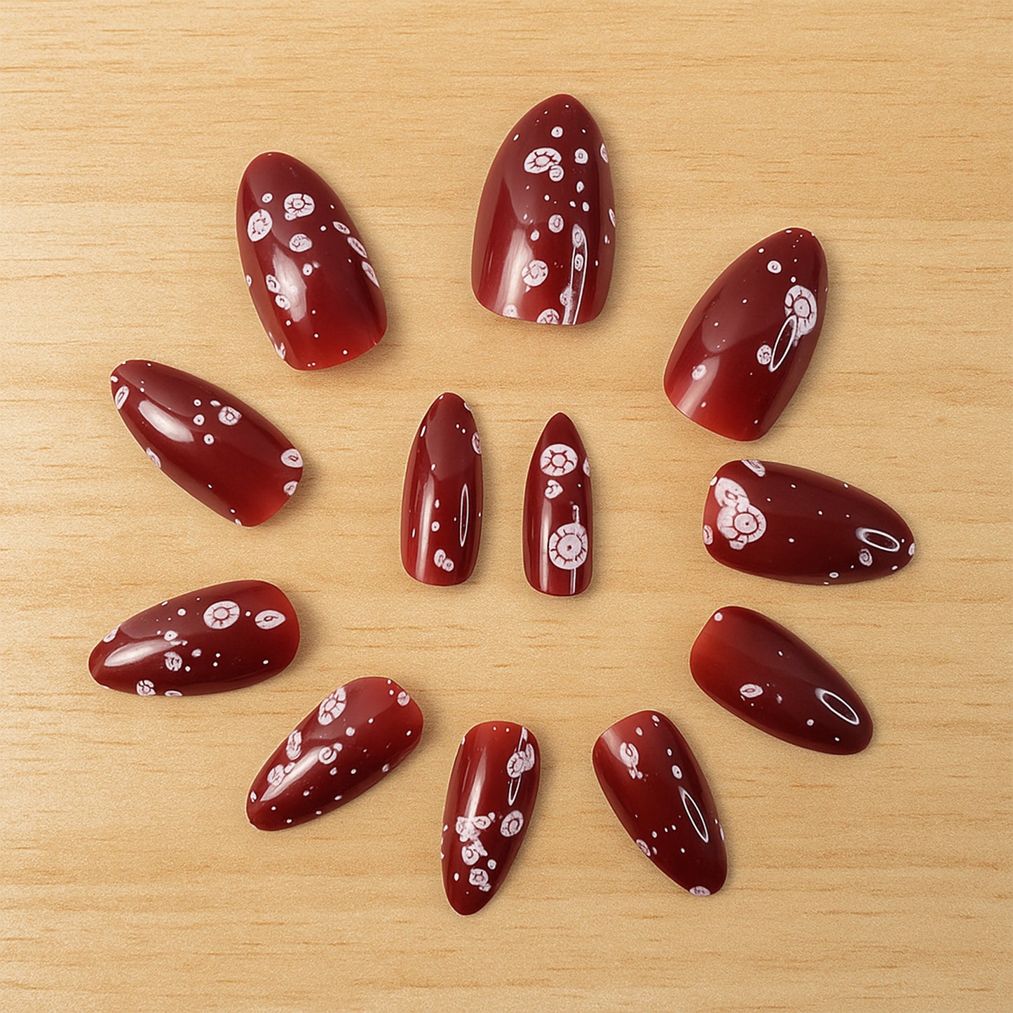 Burgundy Floral Artificial Nails - 1 Set (12 Pcs) Reusable Press-On with Adhesive Tabs - Happy Price - Image 4