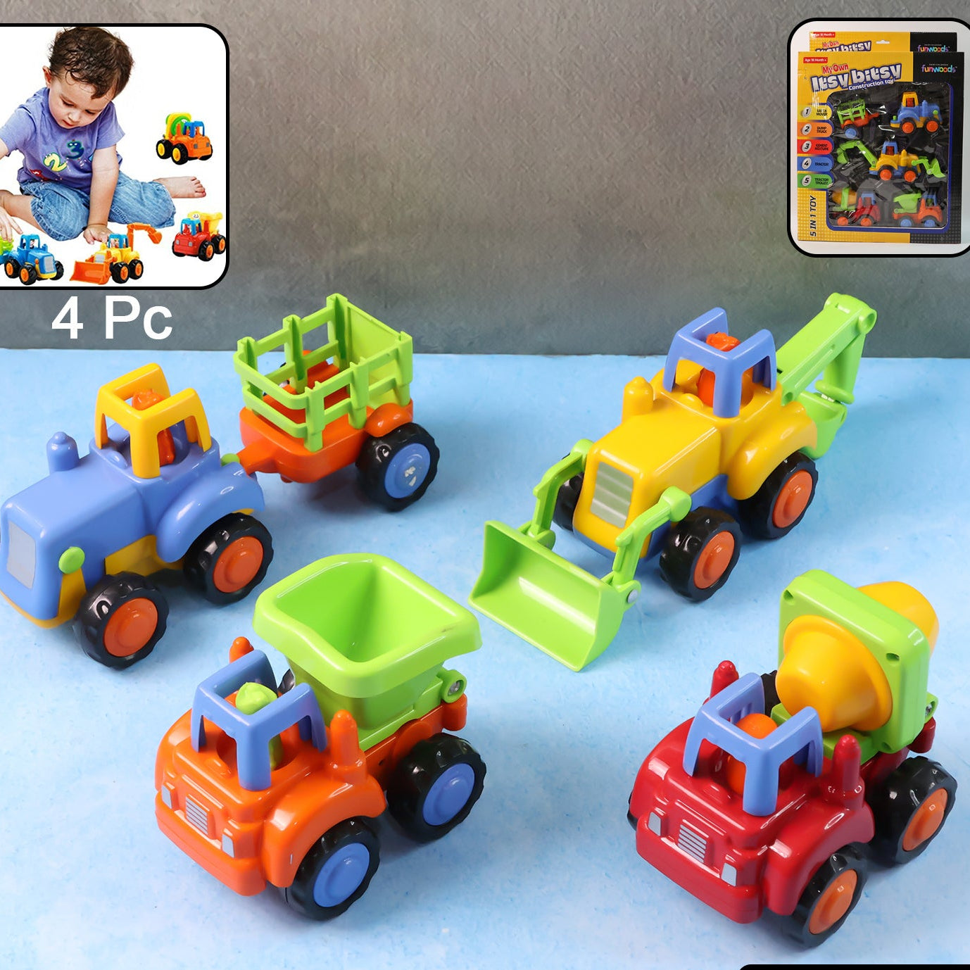 4 Pc Construction Vehicle Toy Set for Kids - Pull-Back Engineering Trucks - Happy Price - Image 1