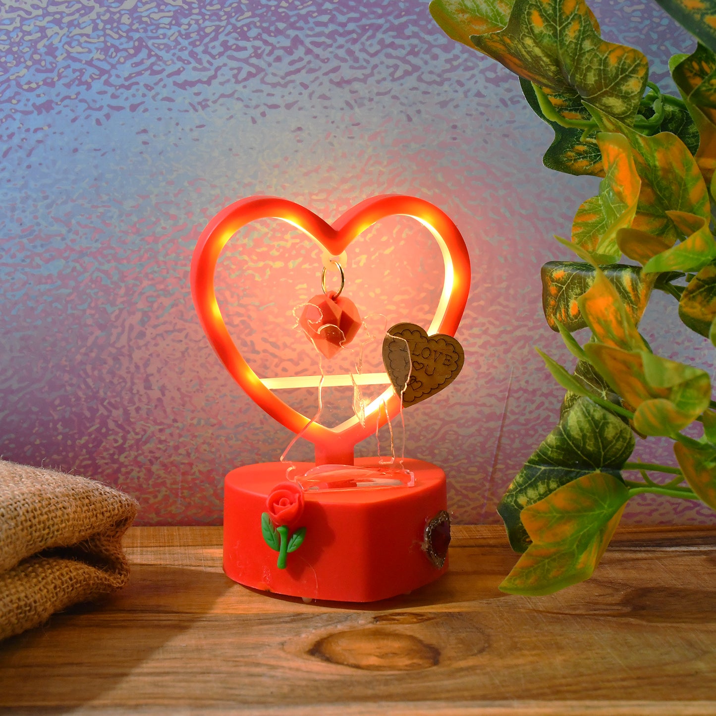 Romantic Heart LED Light Showpiece with Hanging Hearts & Rose - 1 Pc