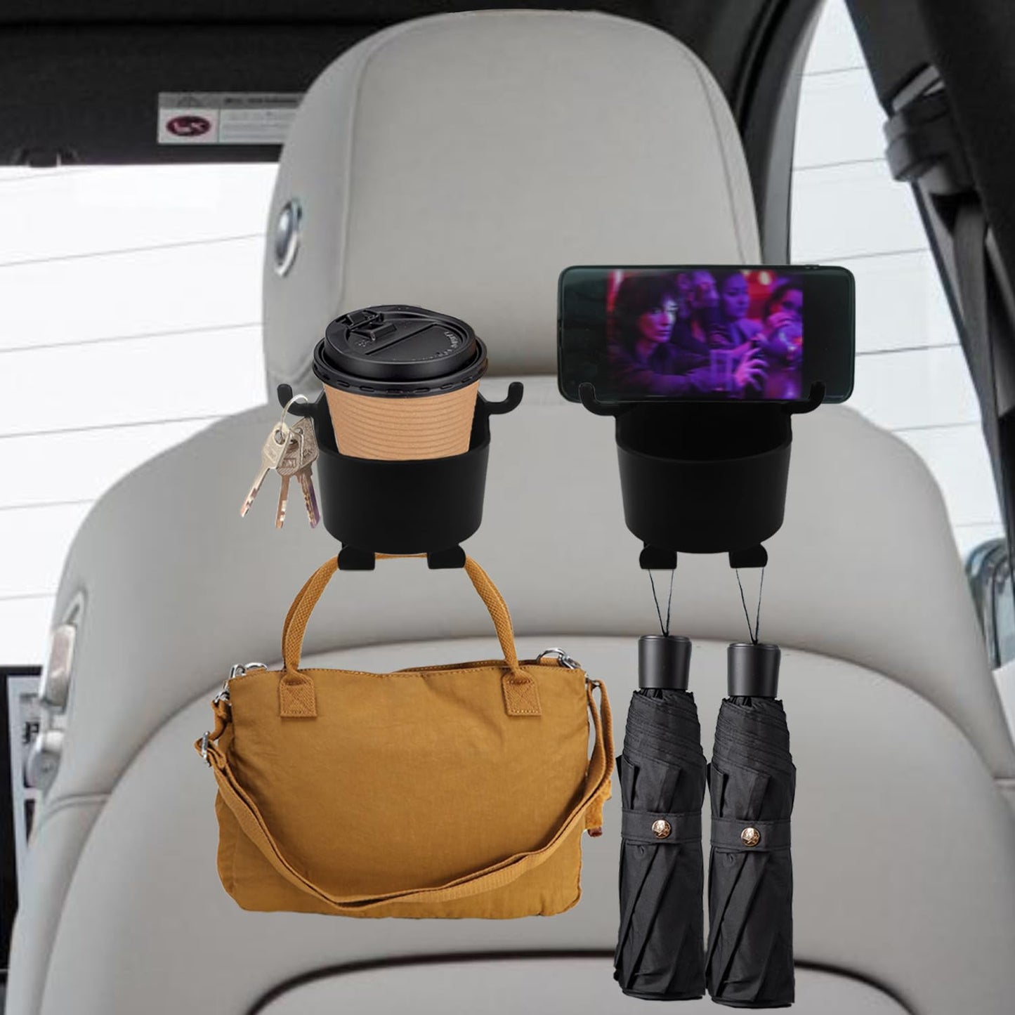 Car Headrest Backseat Organizer 3 In 1 Automotive Cell Phone Drink Cupholder Adapter With Headrest Hooks For Kids And Adults Multifunctional Storage For Car Travel Accessories - Happy Price - Image 5