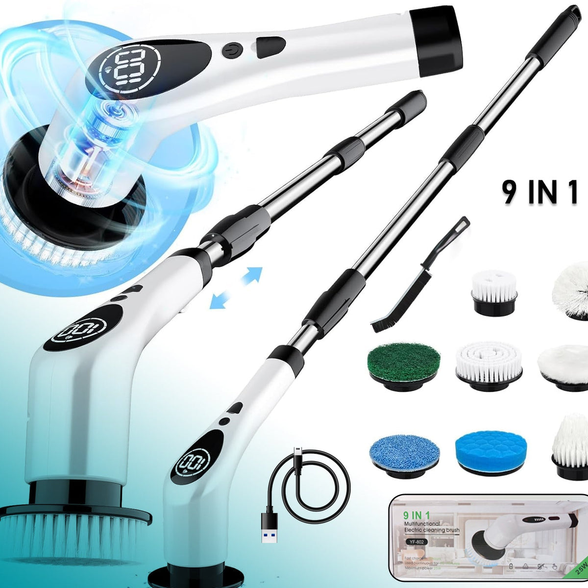 9-in-1 Electric Spin Scrubber Set with Extendable Handle & LCD Display - Happy Price - Image 1
