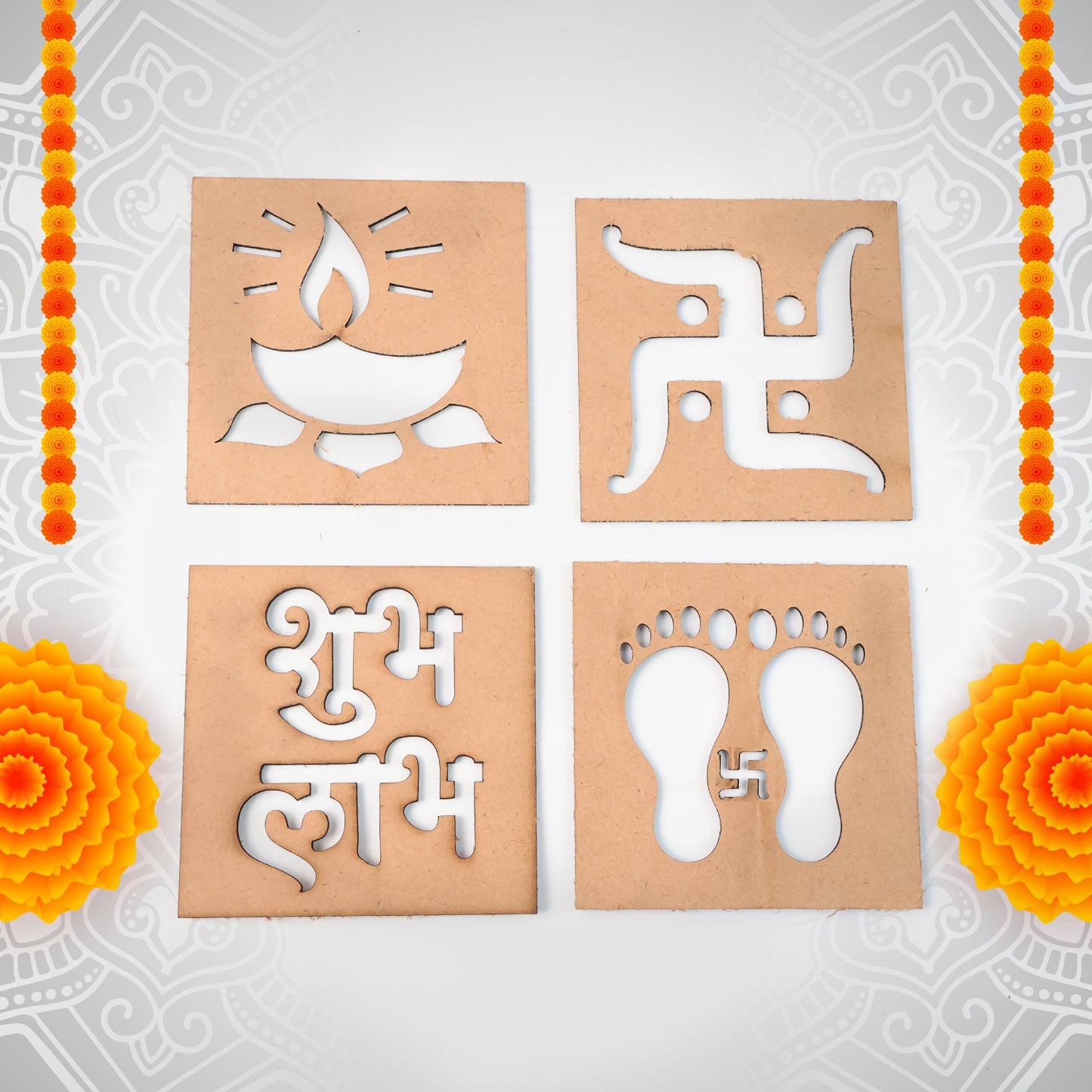 Wooden Decorative Cutouts Set - 4 Pcs Shubh Labh, Swastik, Diya & Footprint Designs for Home Decor - Happy Price - Image 5
