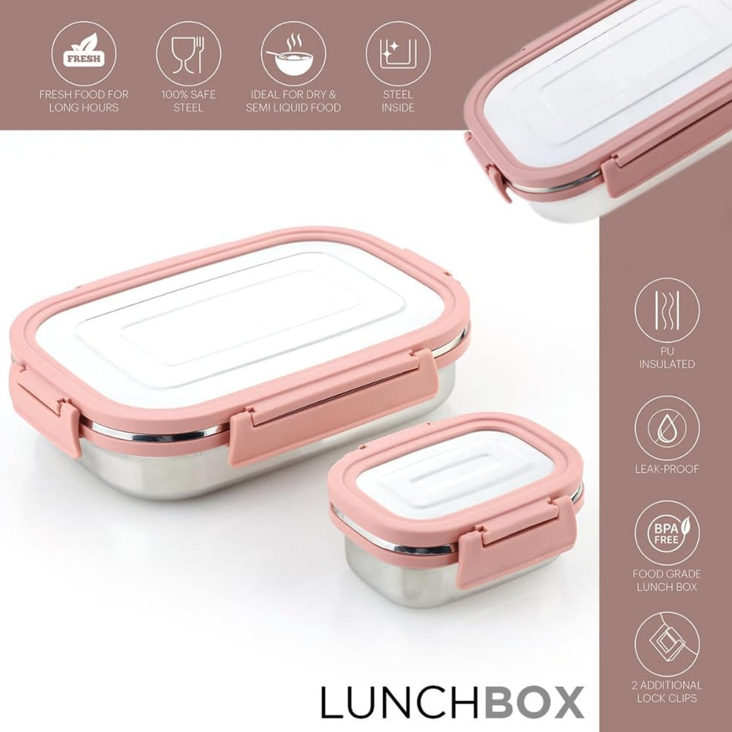 Premium Stainless Steel Leak Proof Air Tight Lunch Boxes (900ml+200ml Approx 2 Pc Set) - Happy Price - Image 3
