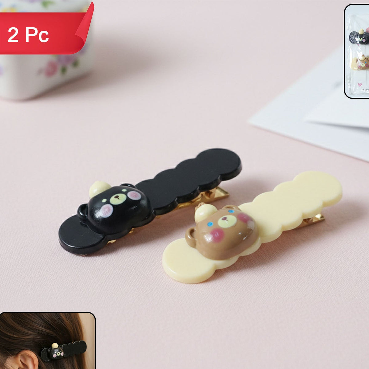 Cute Teddy Bear Hair Clips Set (2 Pc) - Adorable Cartoon Hair Pins for Girls & Women - Happy Price - Image 1