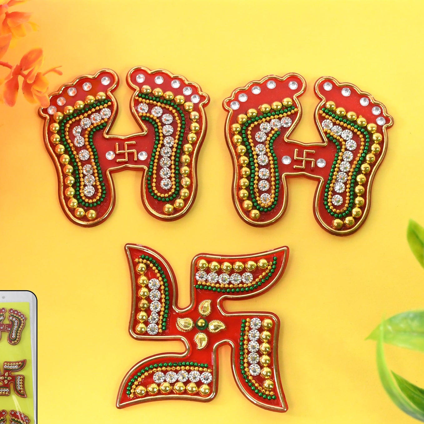 Decorative Laxmi Charan (Pagla) Swastik Combo Set (3pc Set) - Happy Price - Image 1