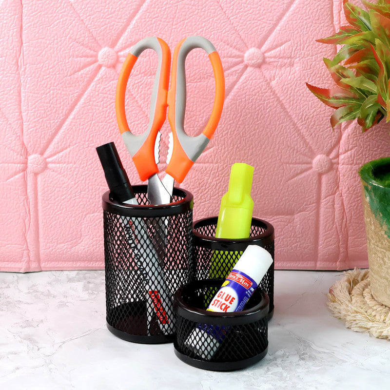 Khyati Trio Metal Mesh Pen Stand - 3-in-1 Round Desk Organizer Set - Happy Price - Image 2