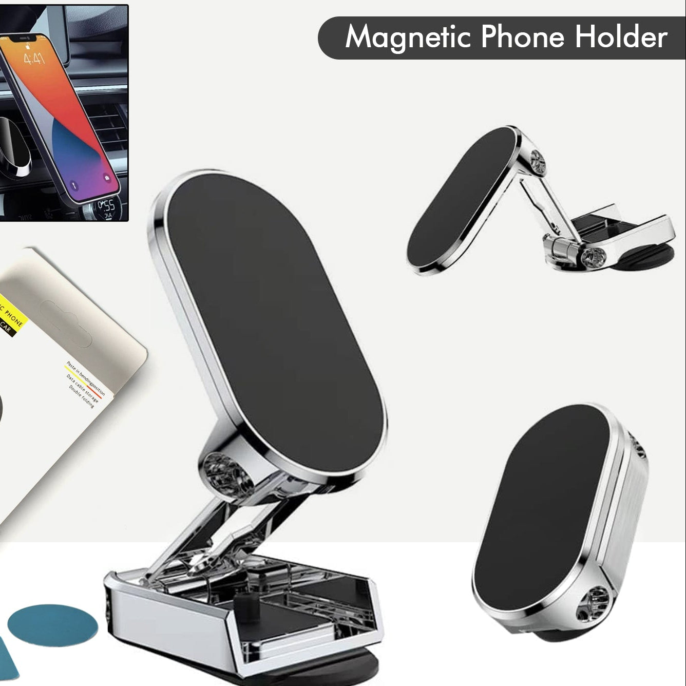 360 Degree Rotating Magnetic Car Phone Holder Metal Folding Car Phone Holder New Alloy Folding Magnetic Car Phone Holder (Pack Of 1) - Happy Price - Image 1