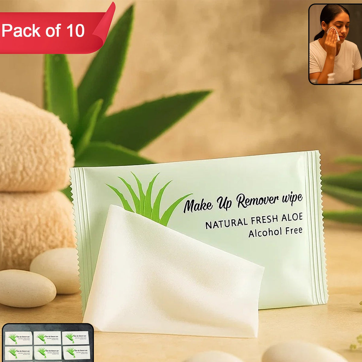 Aloe Vera Makeup Remover Wipes - Gentle Alcohol-Free Cleansing (10 Pc) - Happy Price - Image 1