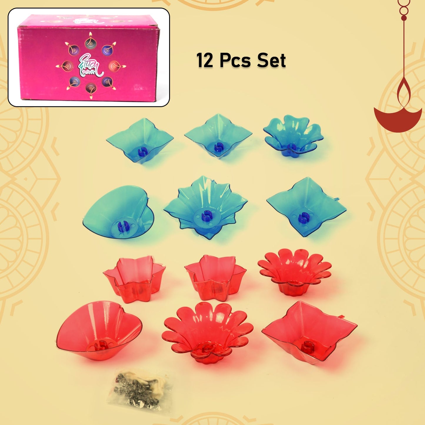 Reflection Diya Plastic Candle Holder Set - 12 Pcs Multi Shape - Great Price - Image 2
