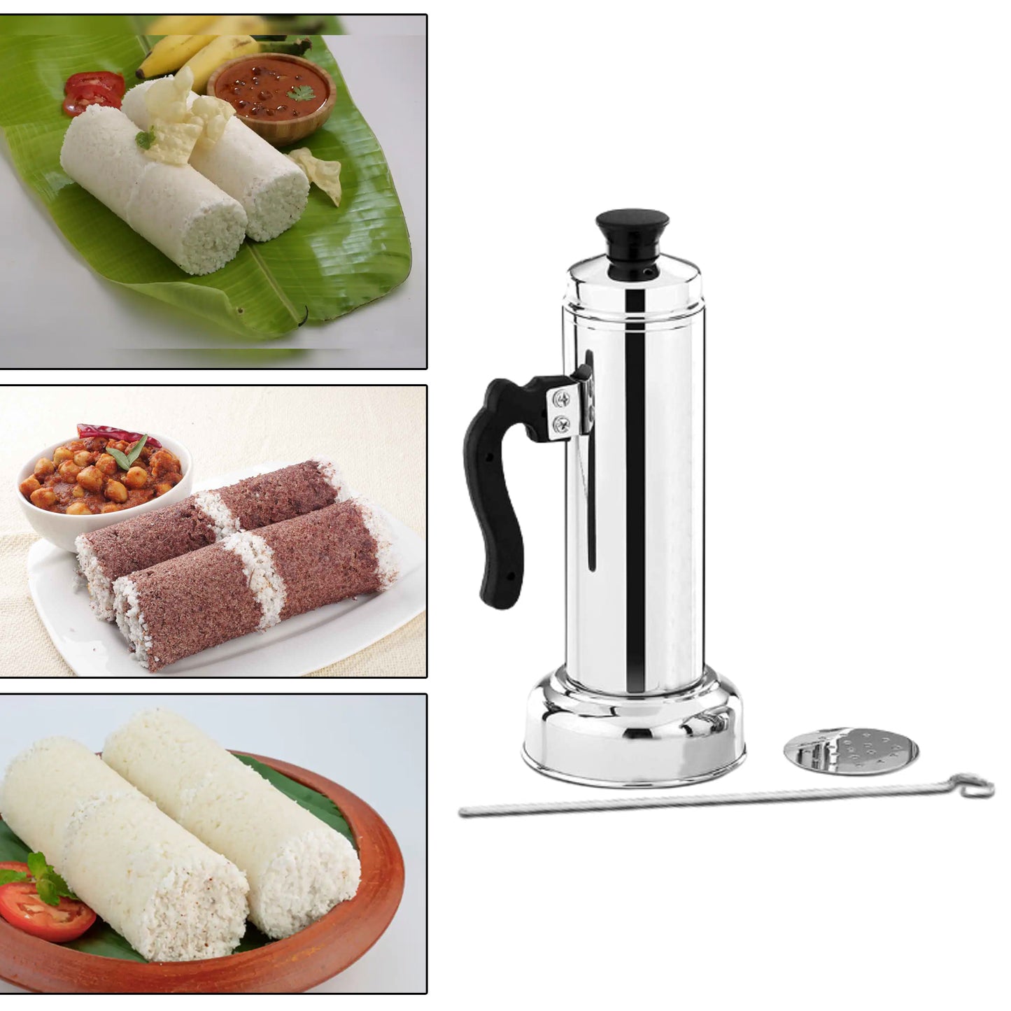 Puttu Maker With Steamer Plate Metal Stick Black Plastic Handle Silver Lid Puttu Maker Set To Use With Pressure Cooker Top Food Grade Stainless Steel - Happy Price - Image 4