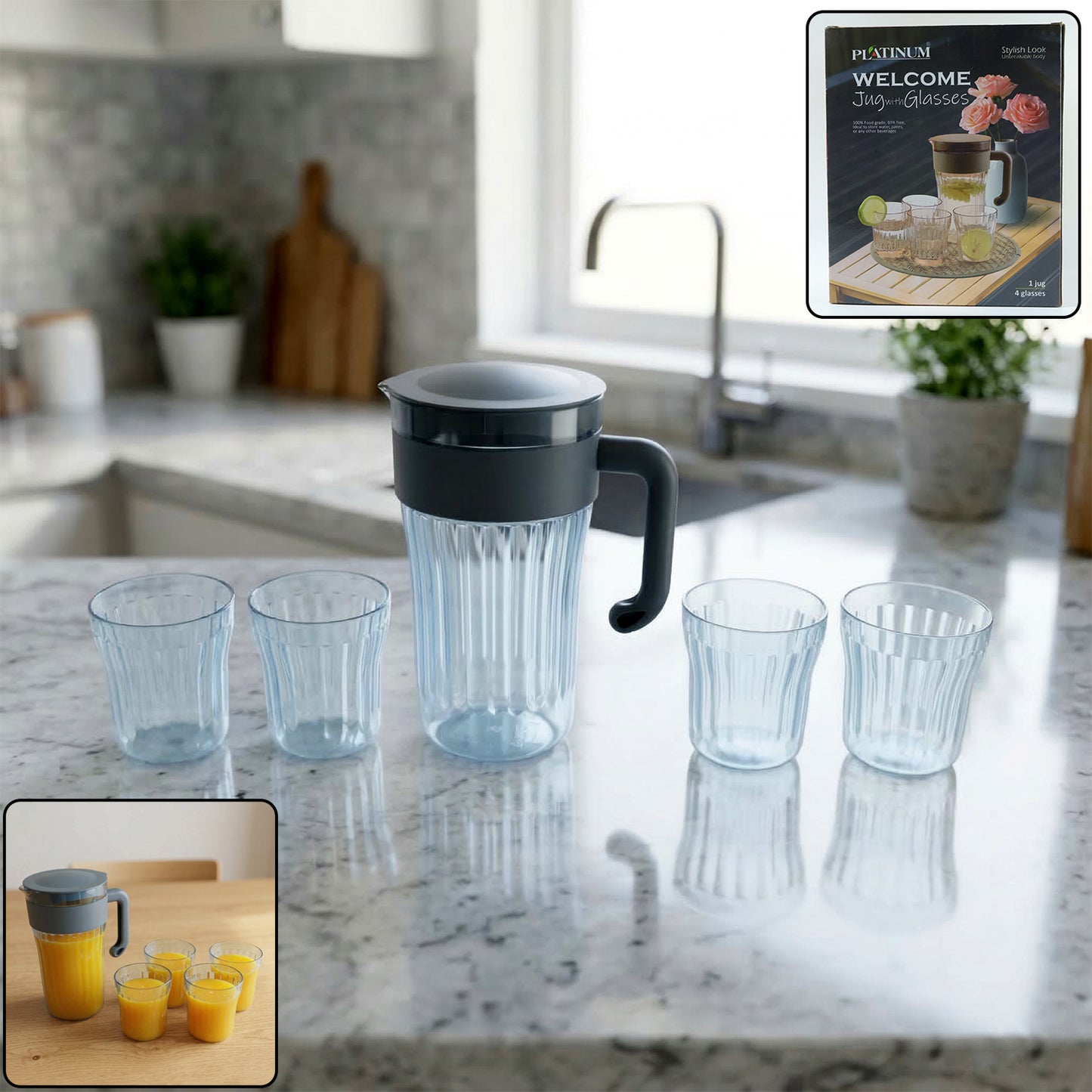 Plastic Jug and 4 Glass Set for Water, Juice - 1 Set - Great Price - Image 2