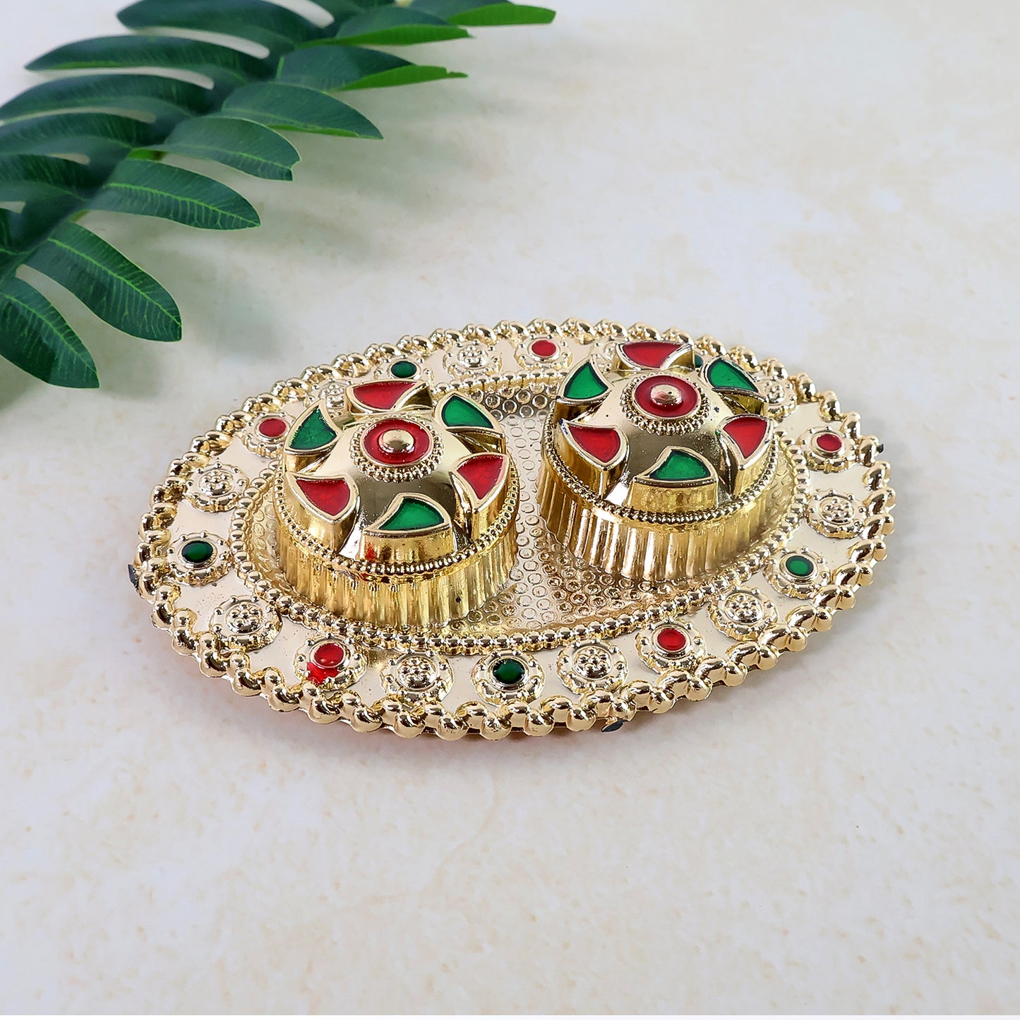Meenakari Pooja Thali Set with 2 Bowls & Lids - Decorative Kumkum Haldi Container (1 Pc, Assorted Design) - Happy Price - Image 4