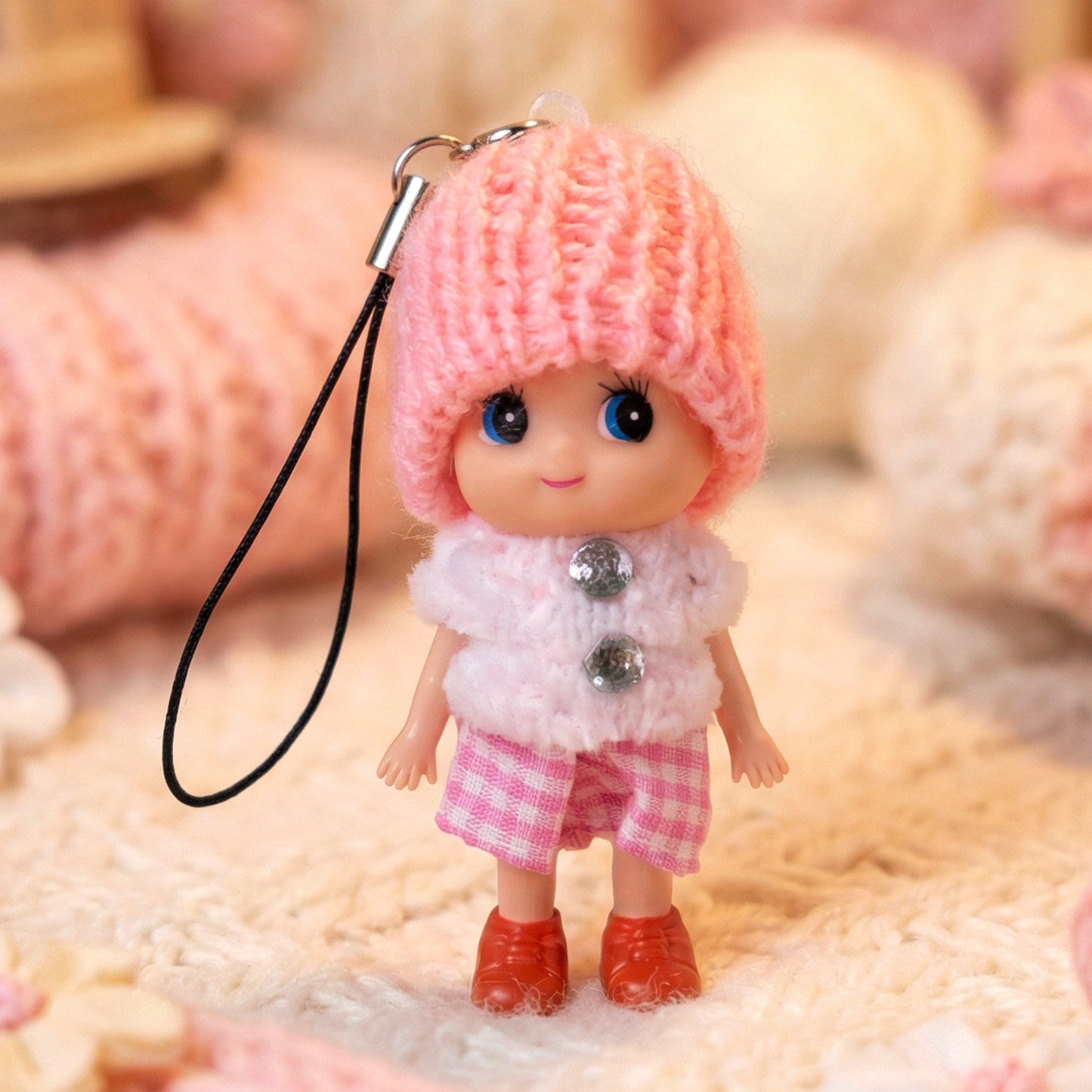 Cute Mini Doll Keychain Soft Knitted Cap Girl Charm Keyring (1 Pc Mix Color)