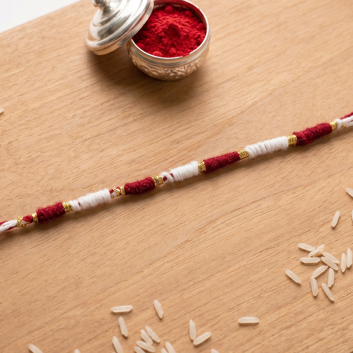 Handmade Red & White Thread Rakhi Bracelet (1 Pc) with Golden Bead Accent - Happy Price - Image 6