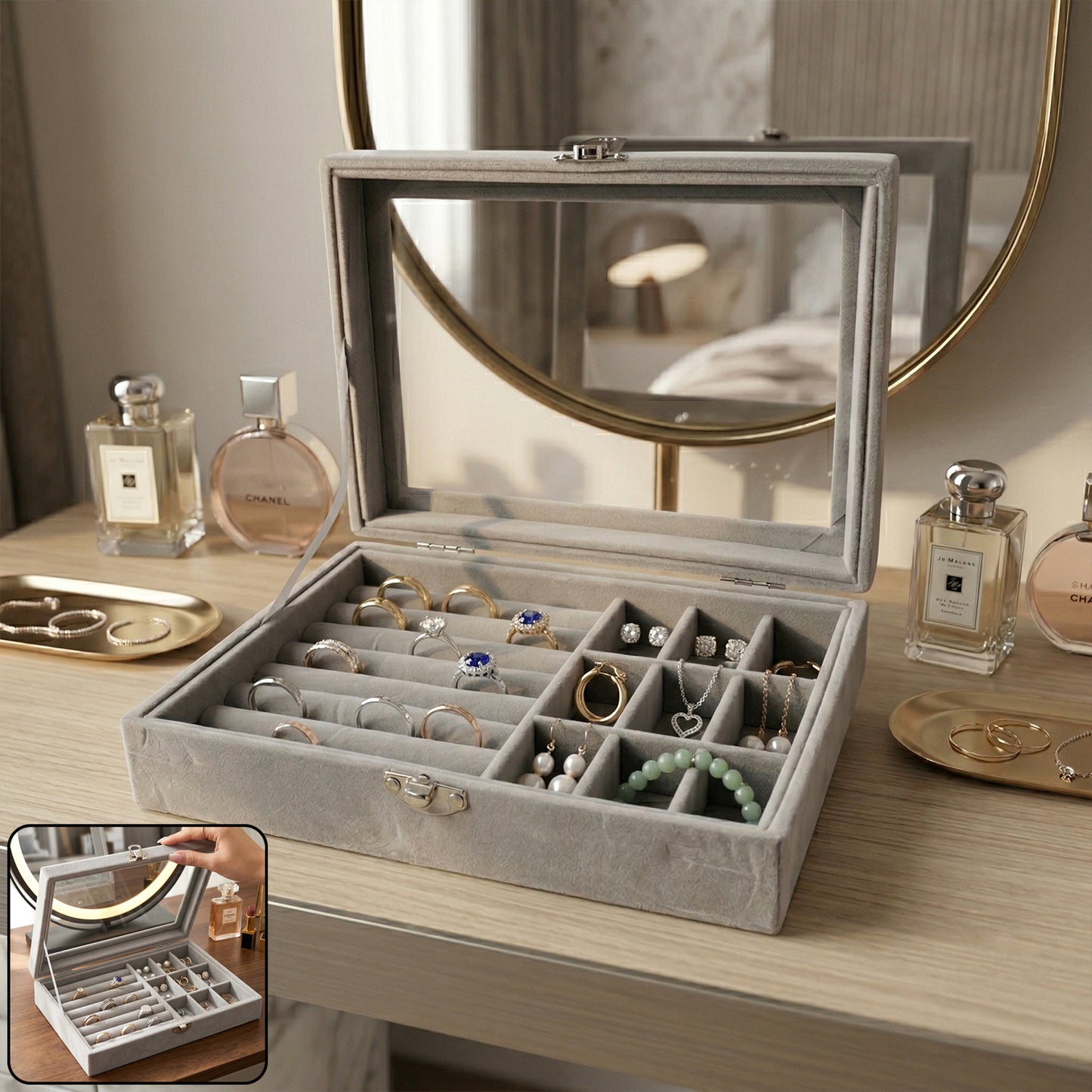 Velvet Jewellery Organizer Box with Clear Lid - 1 Pc - Great Price - Image 2