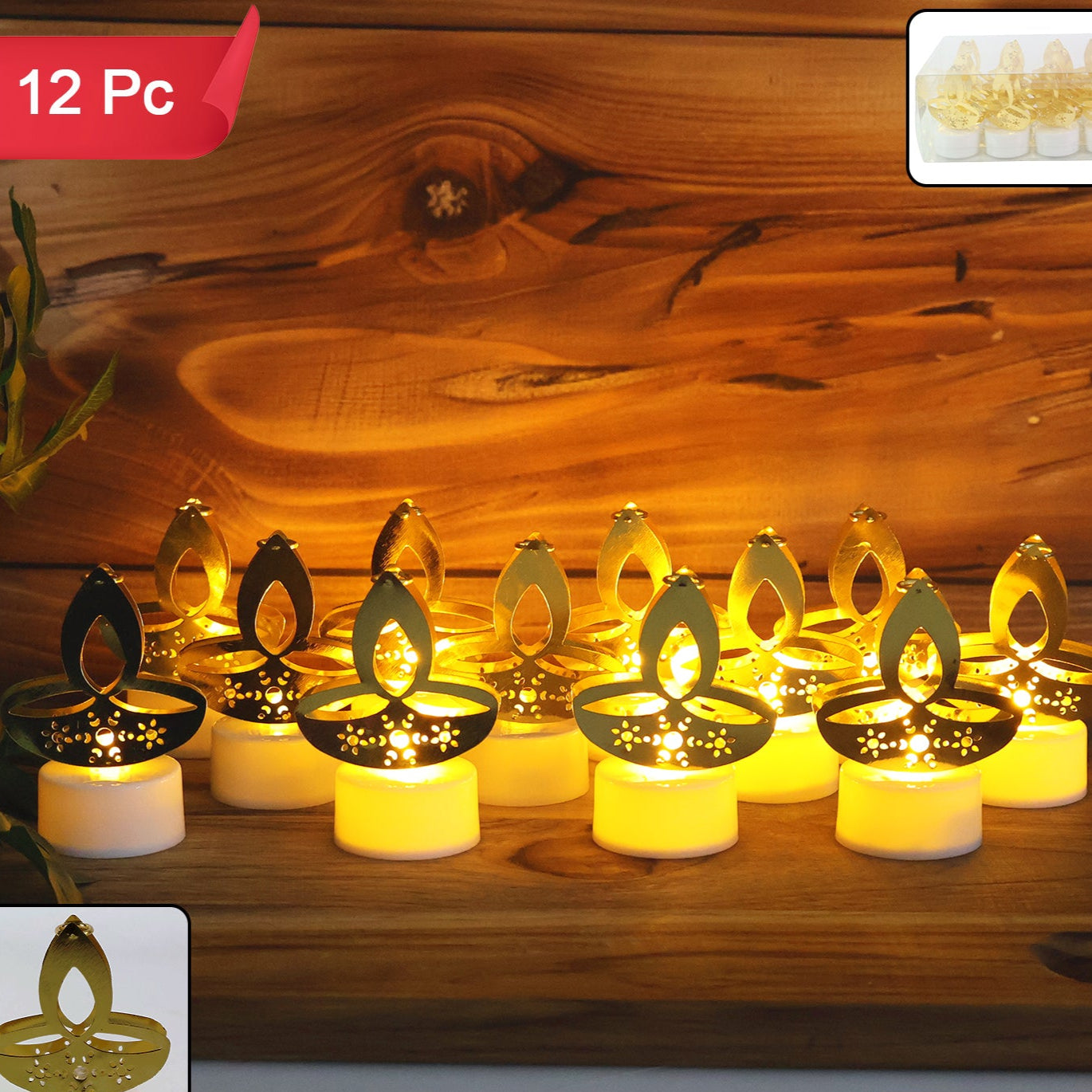 12 Pc Golden Diya LED Tealight Candles - Flameless Decorative Lights for Home & Festivals - Happy Price - Image 1