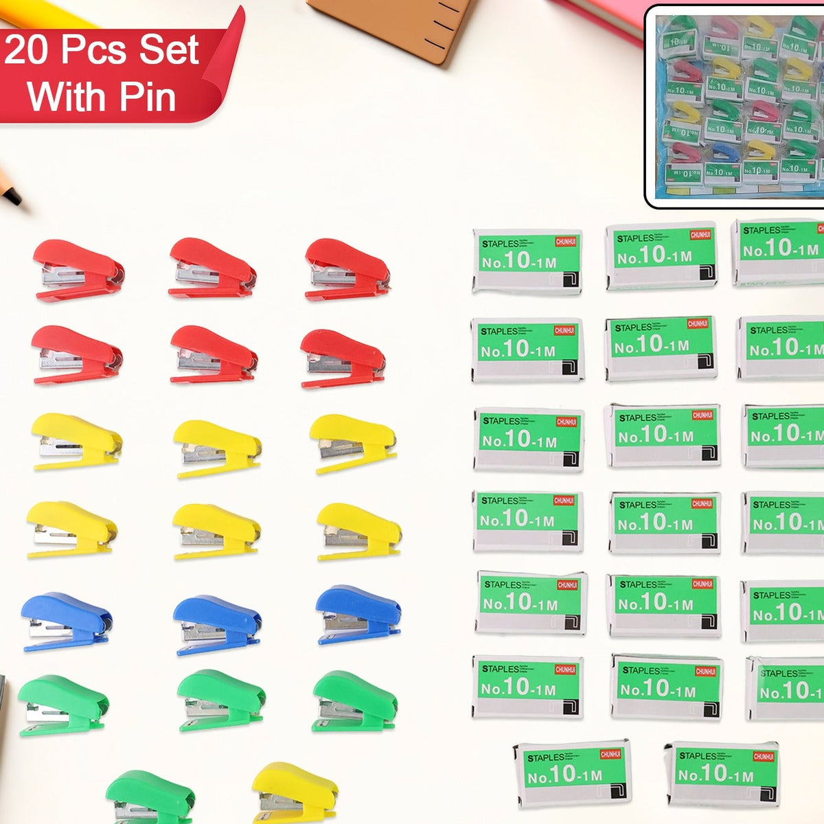 20 Pcs Mini Stapler Set with No.10 Staples - Assorted Colors - Happy Price - Image 1