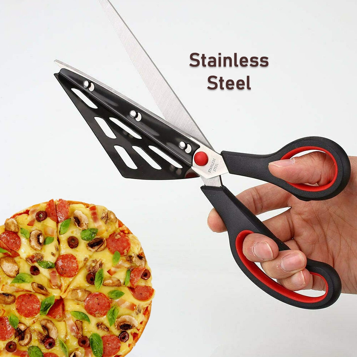 Stainless Steel Pizza Cutter Scissors Plastic Handle With Removable Spatula - Happy Price - Image 3