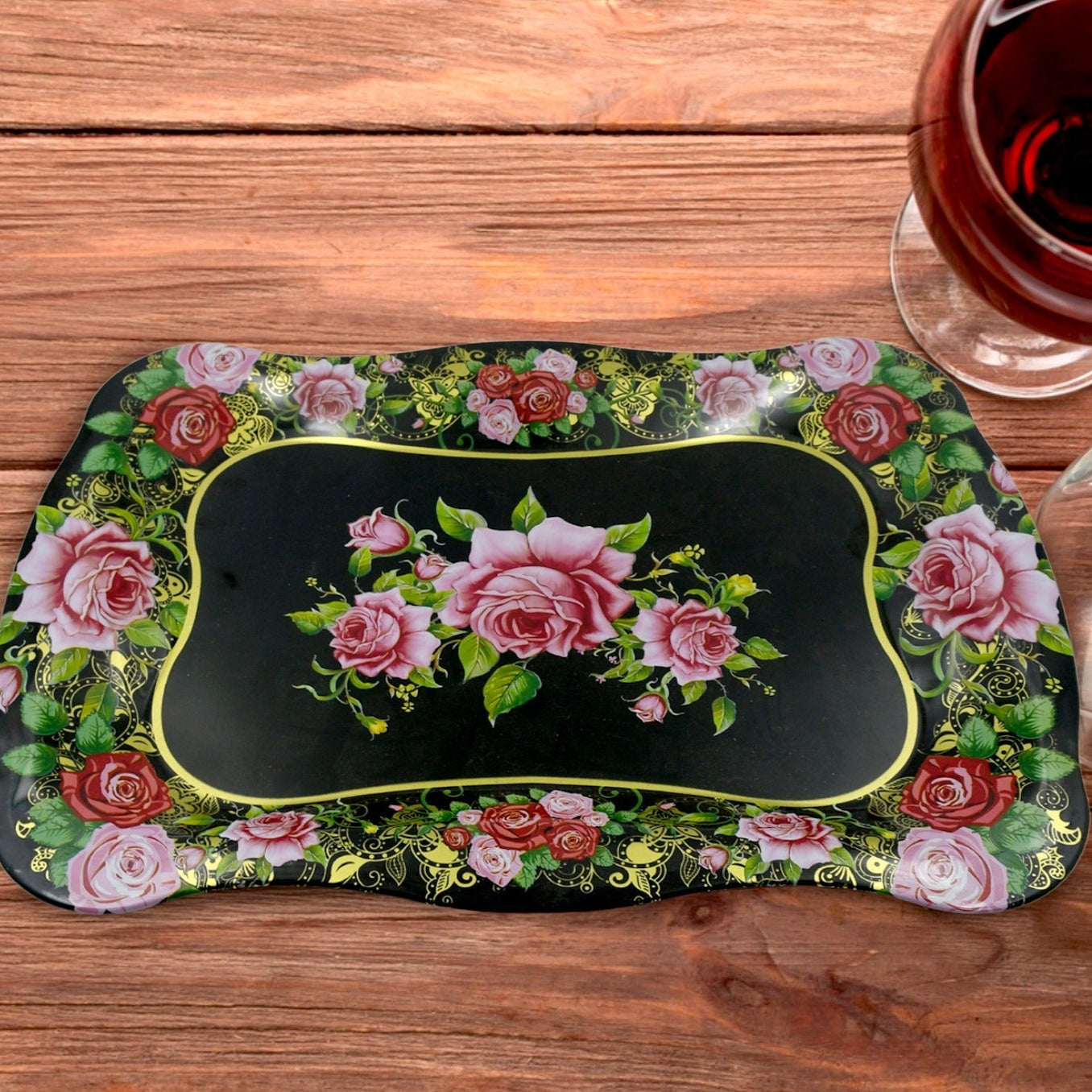 Stainless Steel Serving Tray With Flower Printed Rectangle Premium Dining Table Plate (18 X 8.5 Inch 1 Pc) - Happy Price - Image 1