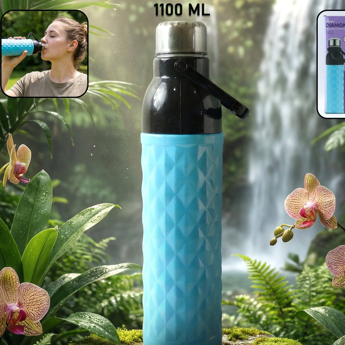 1100 ML Diamond Texture Sports Water Bottle with Strap (1 Pc) - Happy Price - Image 1