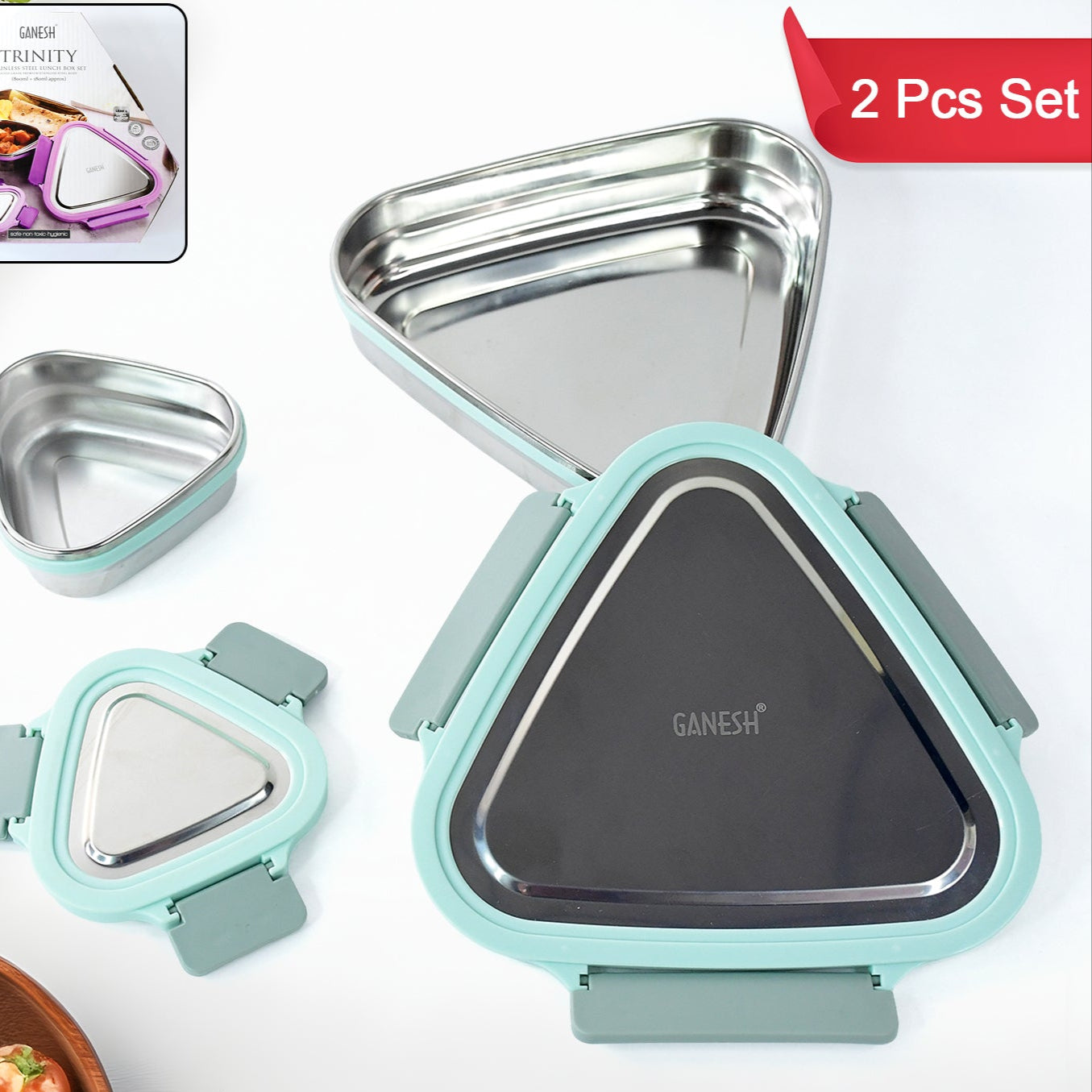 Ganesh Trinity 2-piece Stainless Steel Triangle Lunch Box Set - Happy Price - Image 1