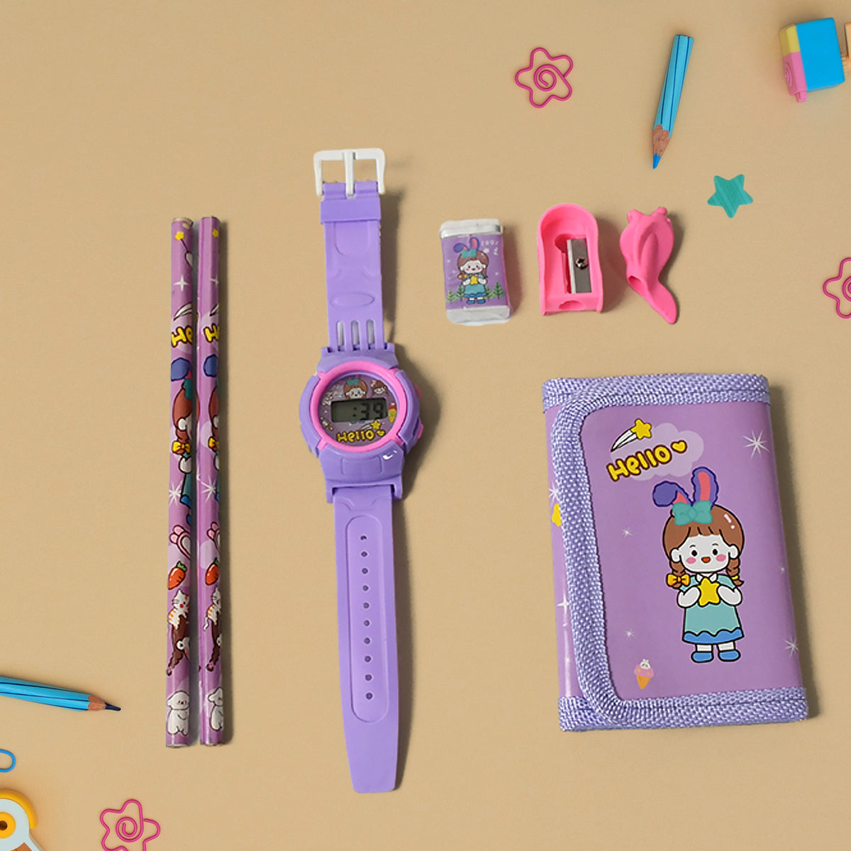 Stationery Set For Girls And Boys Kids Return Gift - 7 In 1 School Items For Kids-pencils Eraser Sharpener Pouch Pencil Extender Birthday Gift Idea Stationary Kit Set For School Kids (Pack Of 7 Pcs Set) - Happy Price - Image 2