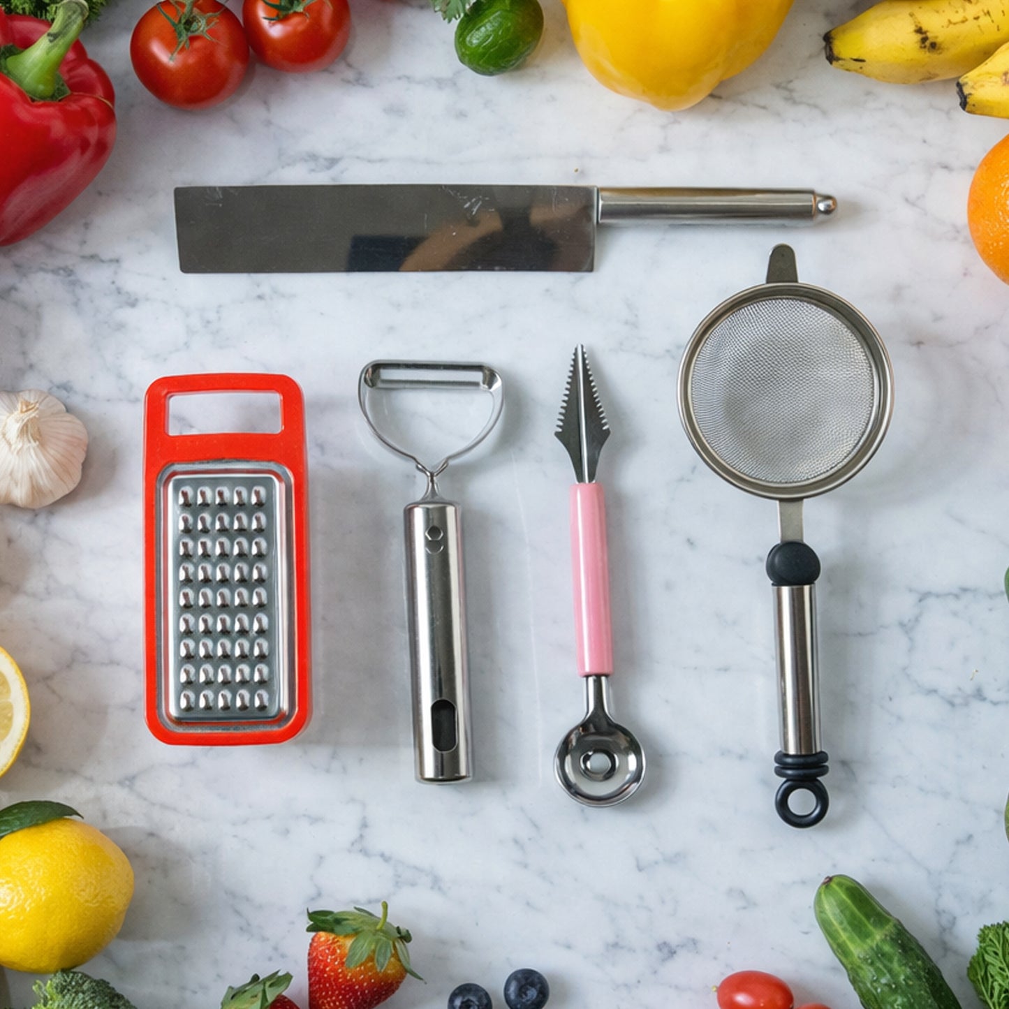 5-in-1 Multipurpose Kitchen Gadget Set - Chopper, Grater, Peeler, Scoop & Strainer (1 Set) - Happy Price - Image 2