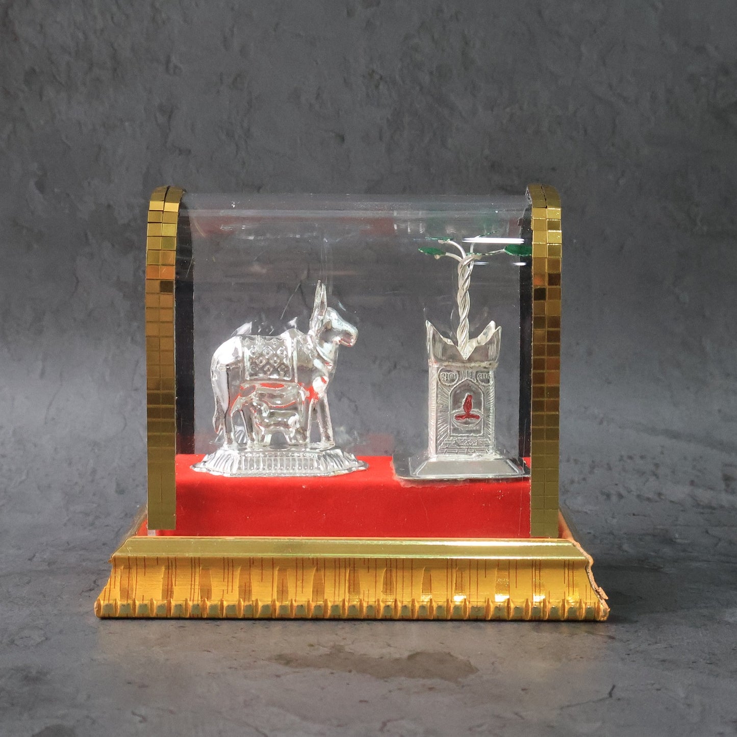 Silver-Plated Kamdhenu Cow with Calf and Tulsi Idol Set in Acrylic Case - Happy Price - Image 3