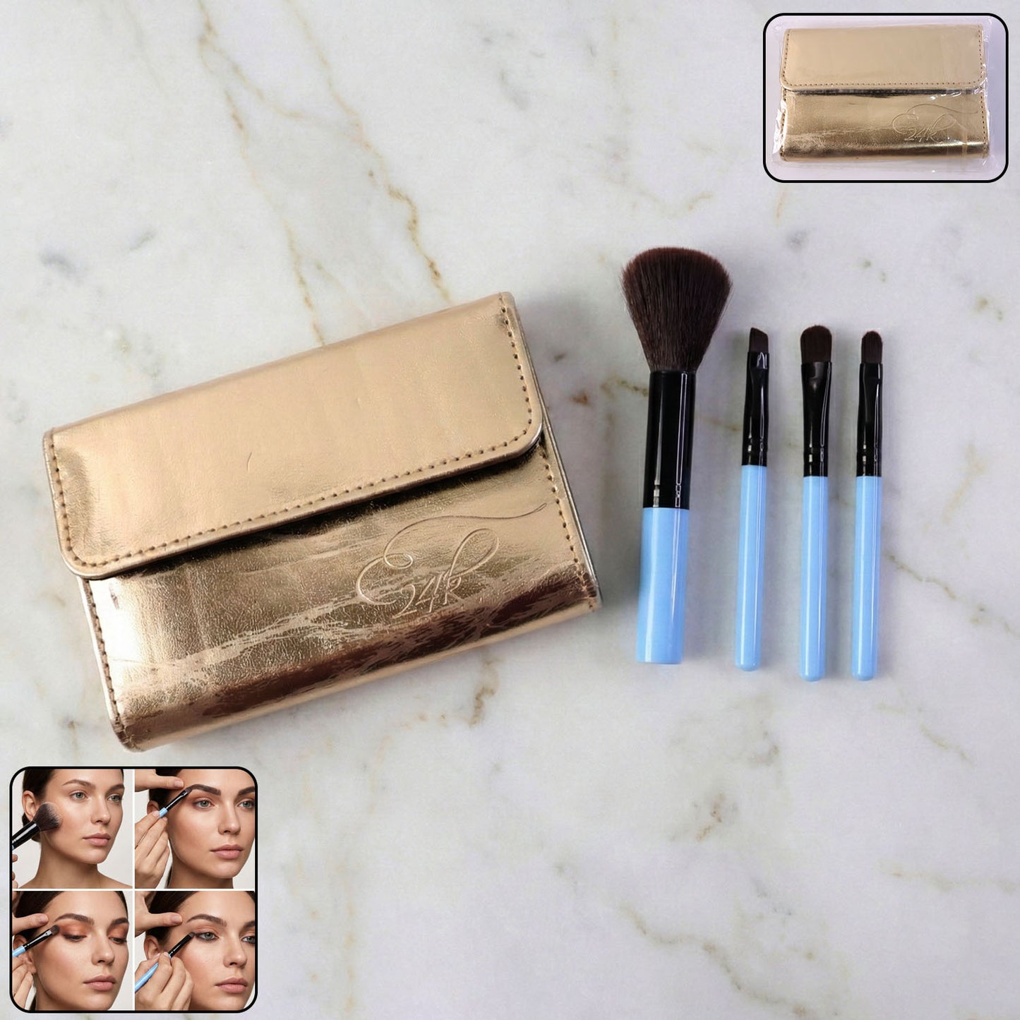 4-in-1 Makeup Brush Set with Pouch - Compact Face & Eye Brushes - Happy Price - Image 2