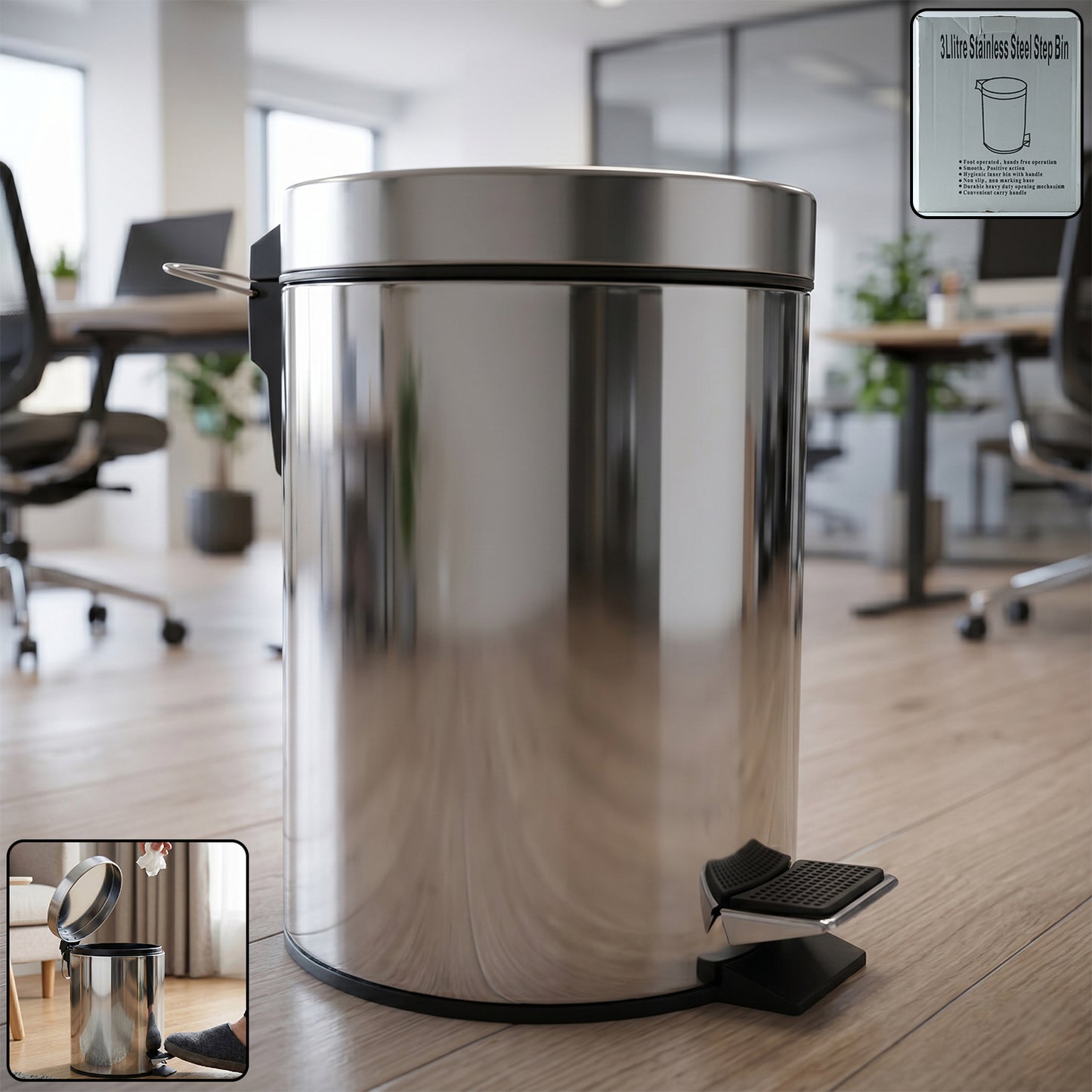 3 Litre Stainless Steel Pedal Dustbin with Soft Close Lid - 1 Pc - Great Price - Image 2