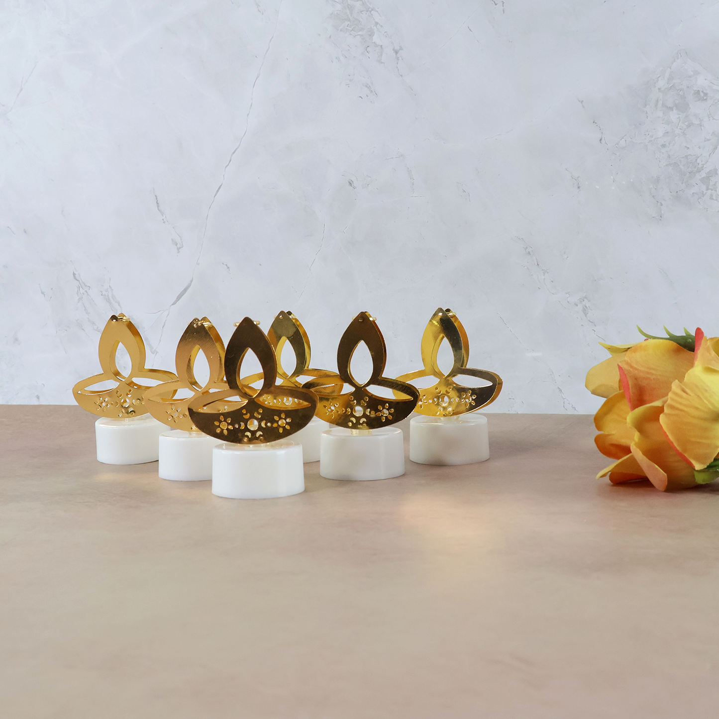 Set of 6 Golden Diya LED Tealight Candles - Flameless Decorative Lights - Happy Price - Image 3