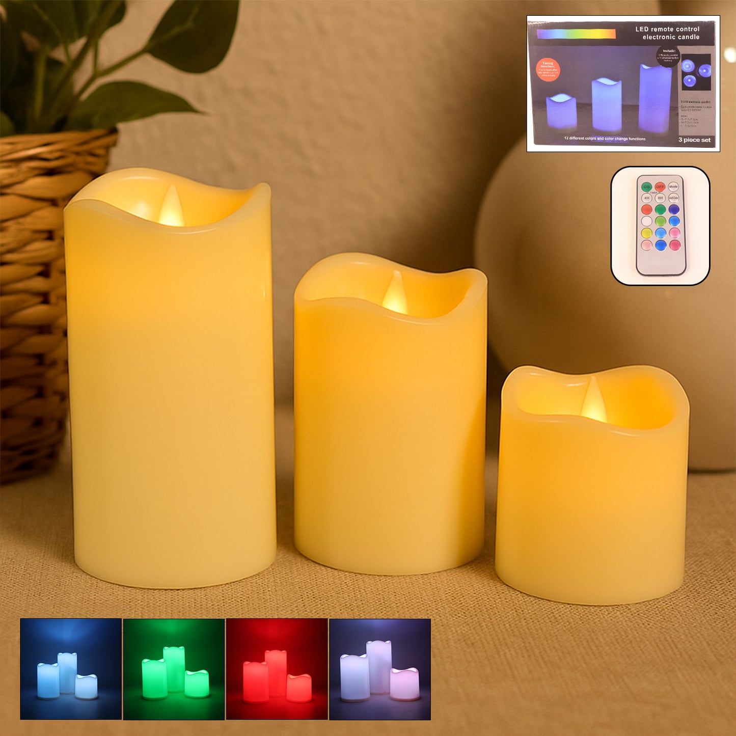 3 Piece LED Flameless Candle Set with Remote Control - Multicolor Ambiance Lights - Happy Price - Image 7
