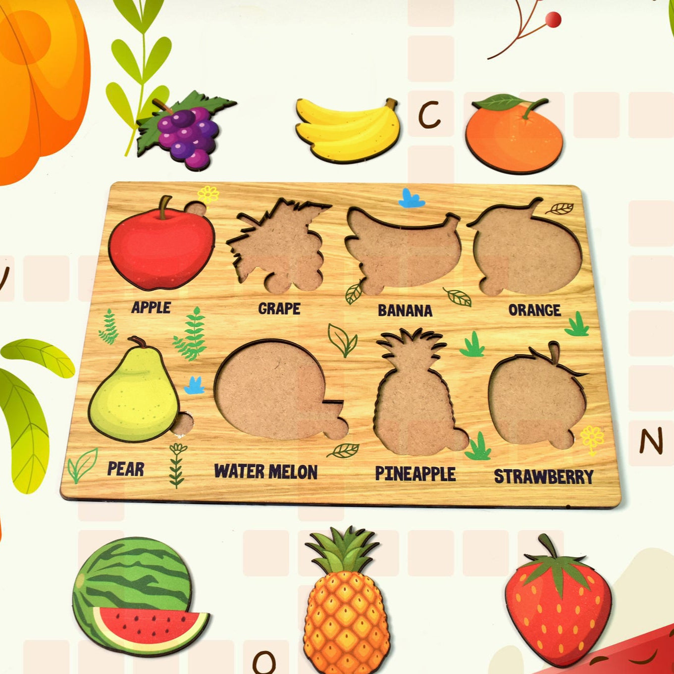 Wooden Fruits Puzzle Learning Educational Board (1 Set 2820 Cm) - Happy Price - Image 1