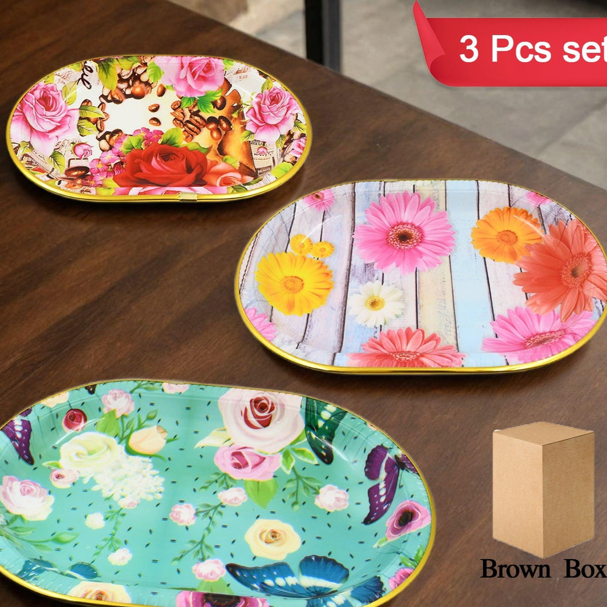 Plastic Flower Printed Design Serving Tray (3 Pcs Set Mix Color) - Happy Price - Image 1