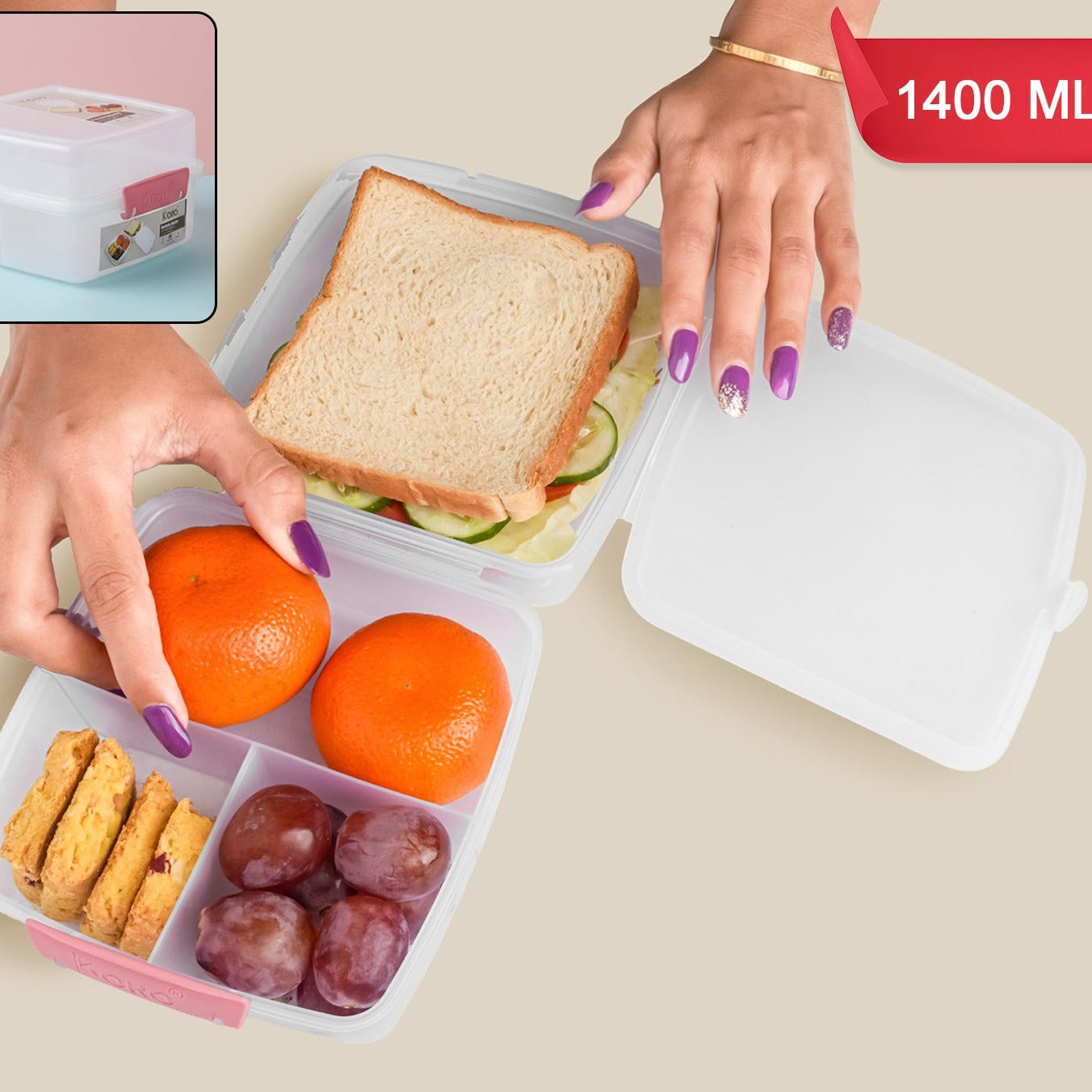 1400 ML 4-Compartment Lunch Box - 1 Large, 3 Small - Airtight Food Container - Happy Price - Image 1