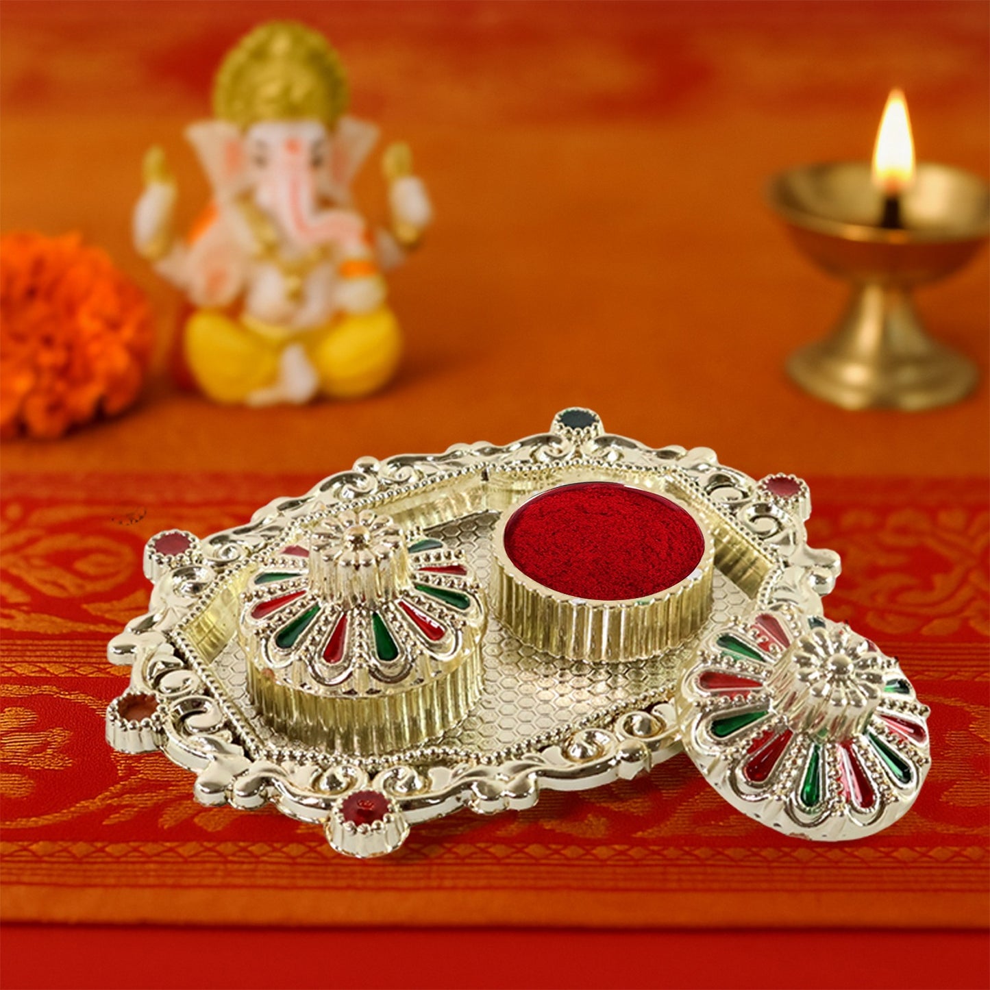 Meenakari Pooja Thali Set with 2 Bowls & Lids - Decorative Kumkum Haldi Container (1 Pc, Assorted Design) - Happy Price - Image 5