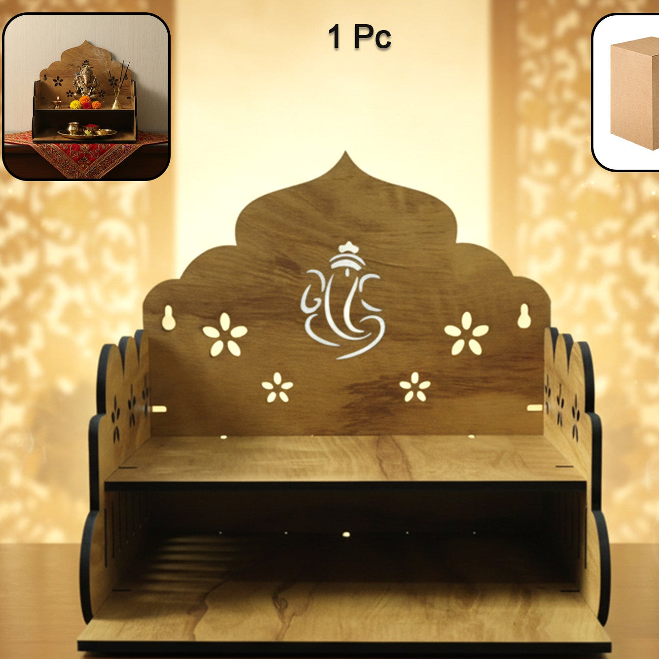1 Pc Wooden Pooja Mandir Stand for Home & Office - Tabletop Temple with Ganesha Back Panel - Happy Price - Image 1