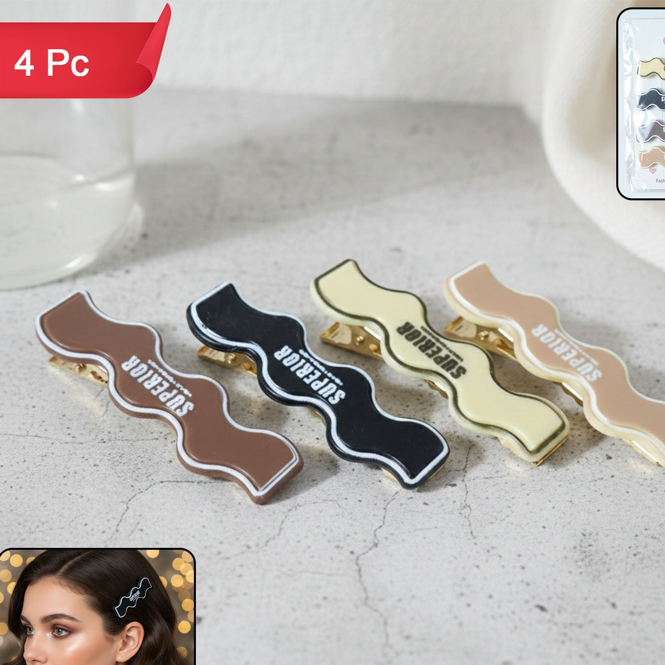 Fashion Hair Clips for Women & Girls - 4 Pc Curved Snap Style - Happy Price - Image 1