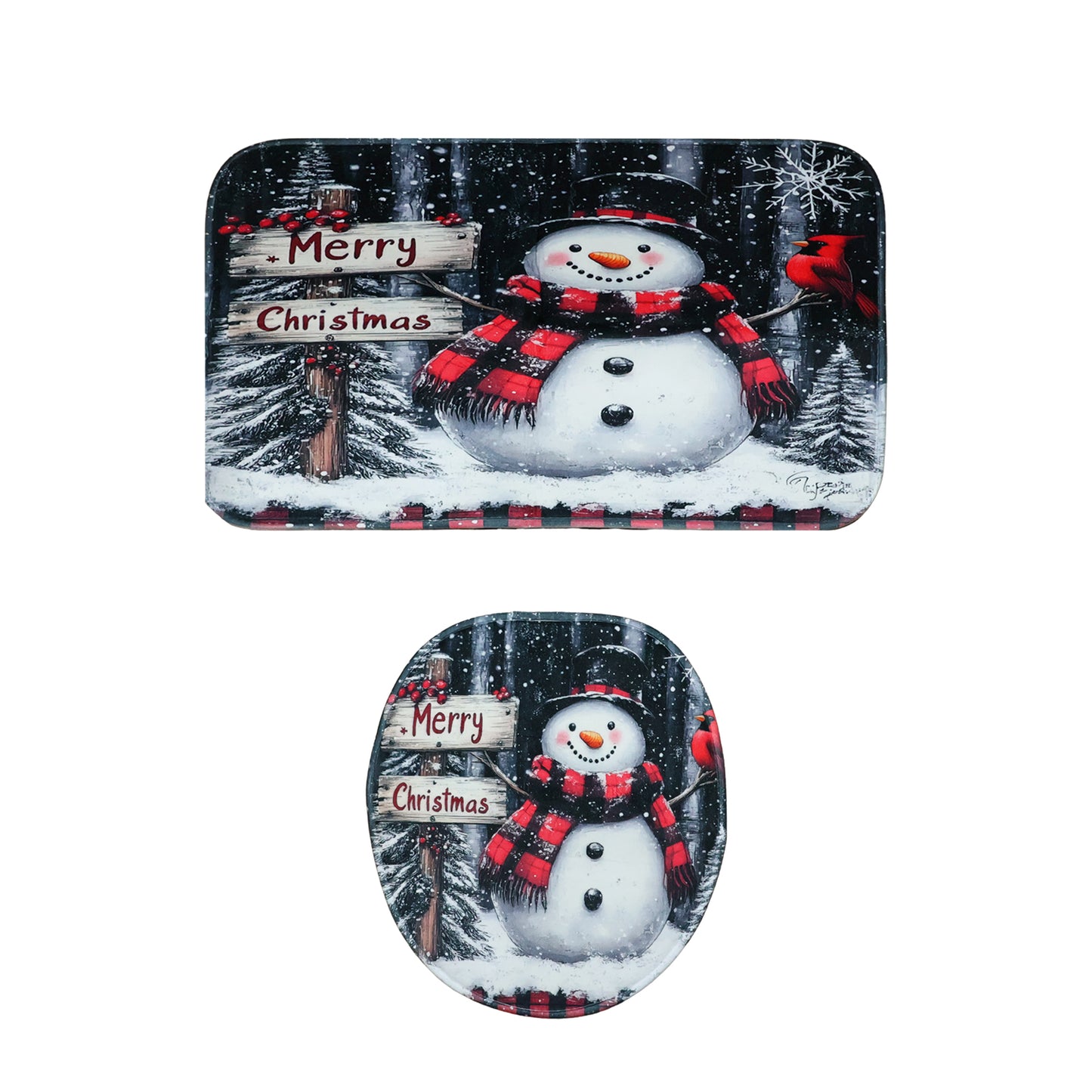 3-Piece Christmas Snowman Bathroom Mat Set - Non-Slip Microfiber Bath Rug, U-Shape Mat & Toilet Lid Cover - Happy Price - Image 2