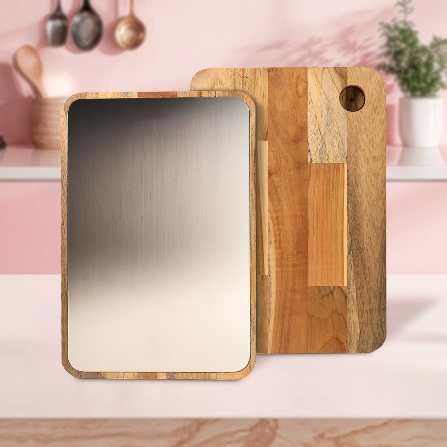 Apex Steel & Oak Medium Chopping Board with Handle (35x25cm, 1 Pc) - Happy Price - Image 7