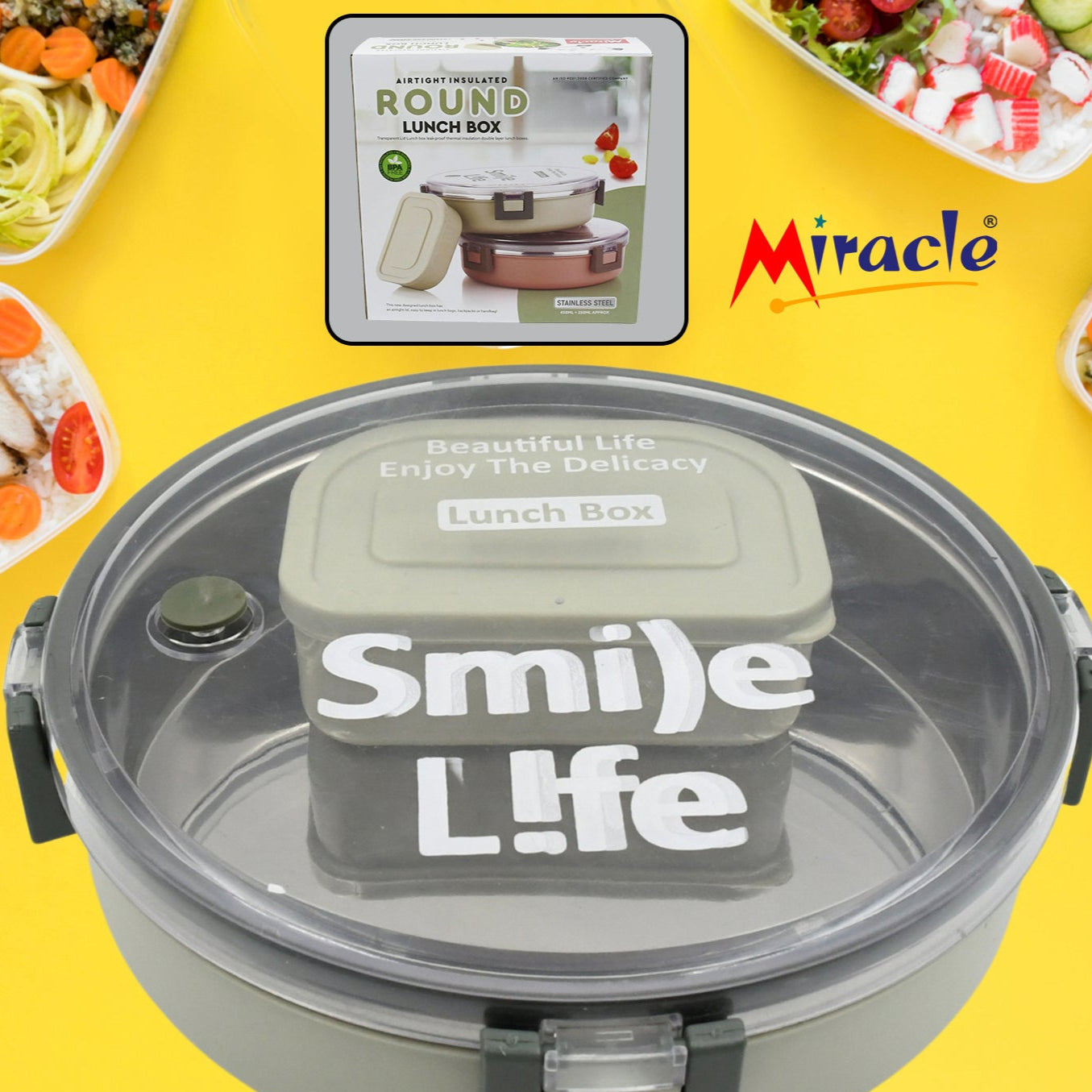 Miracle Stainless Steel Round Lunch Box With Small Plastic Box Insert Leak Proof Lunch Box With Transparent Lid Lunch Box For Kids Adults For School Office (450 Ml + 250 Ml Approx) - Happy Price - Image 1