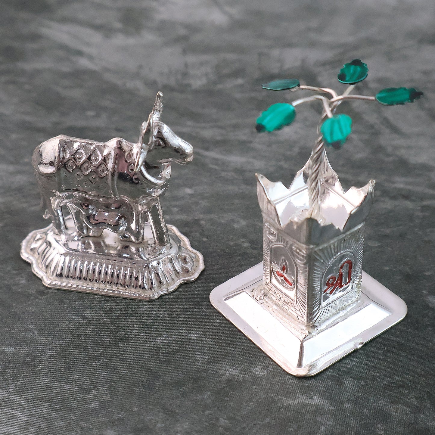 Silver-Plated Kamdhenu Cow Calf & Tulsi Plant Pooja Decor Set - Great Price - Image 3