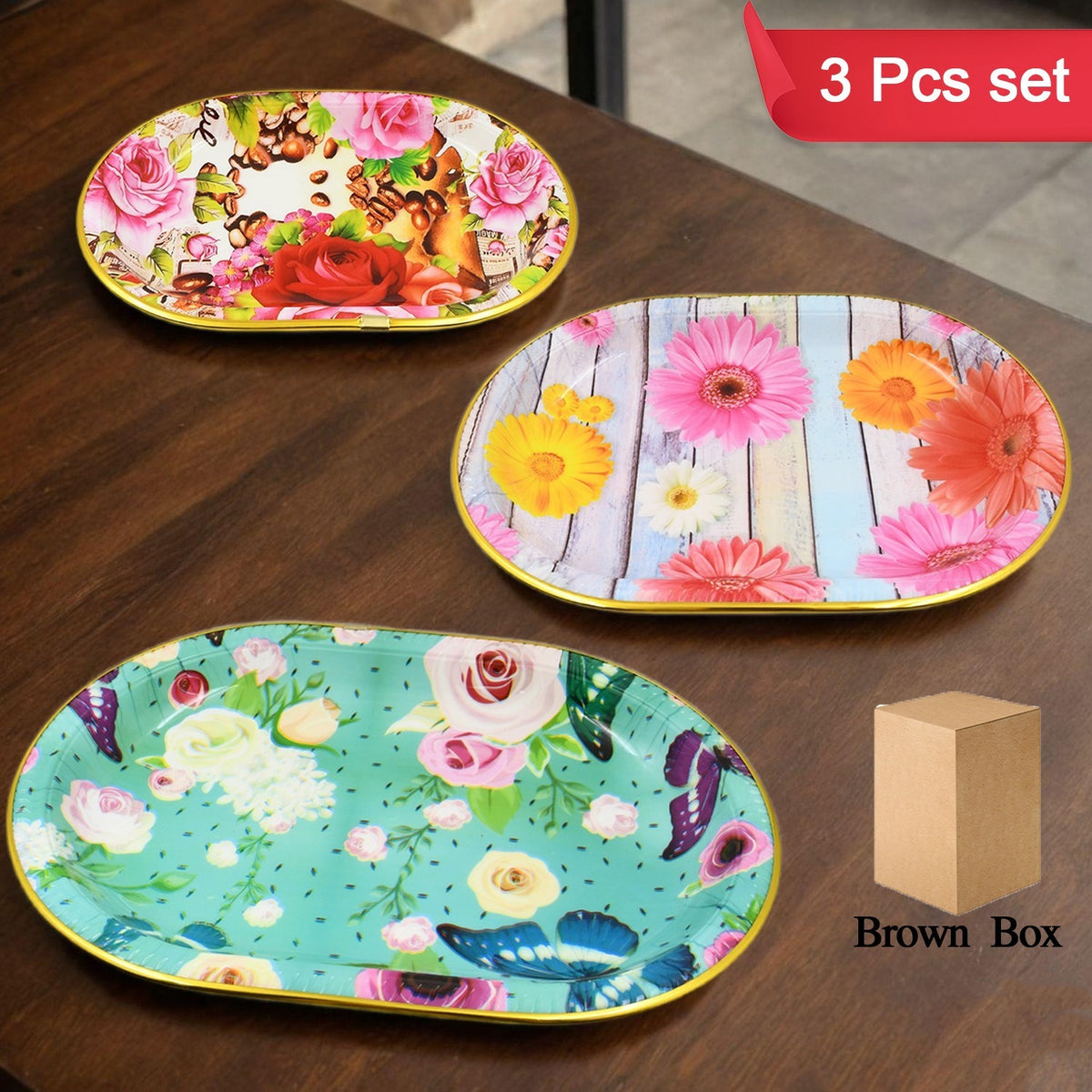Plastic Flower Printed Design Serving Tray (3 Pcs Set Mix Color) - Happy Price - Image 2