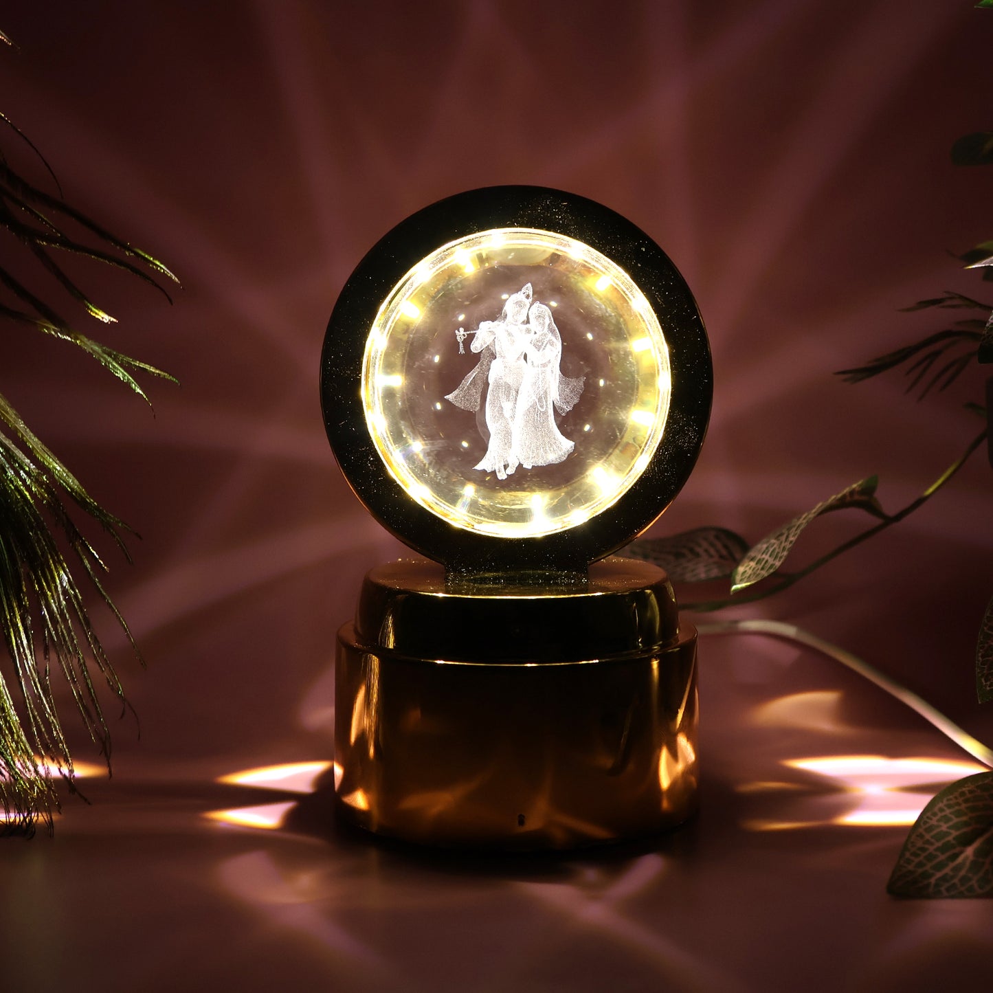 Radhe Krishna Rotating Crystal Ball LED Night Light with Golden Base - 1 Pc - Great Price - Image 4